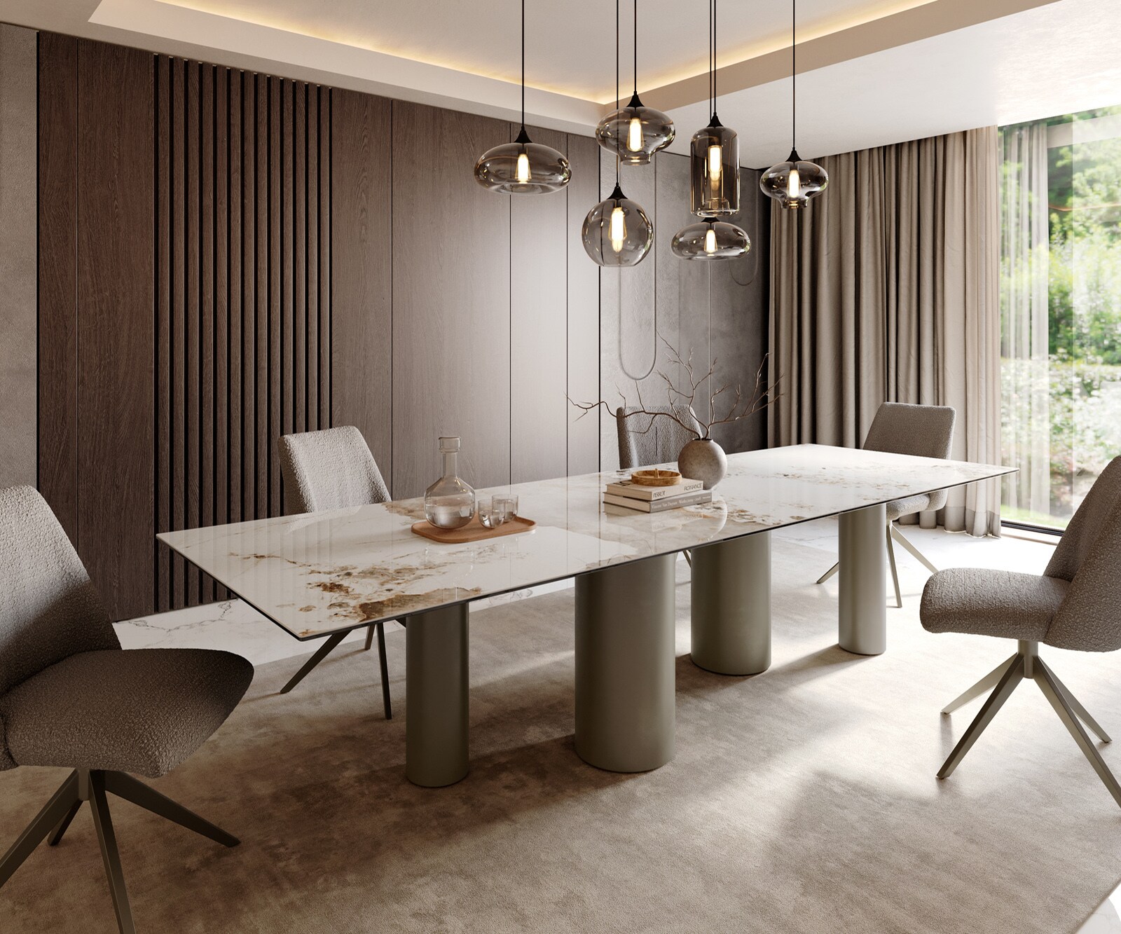 Трапезна маса Edge 300x100 керамика Minas Melange бяло-бежово Pilier покритие с метален ефект титан 1