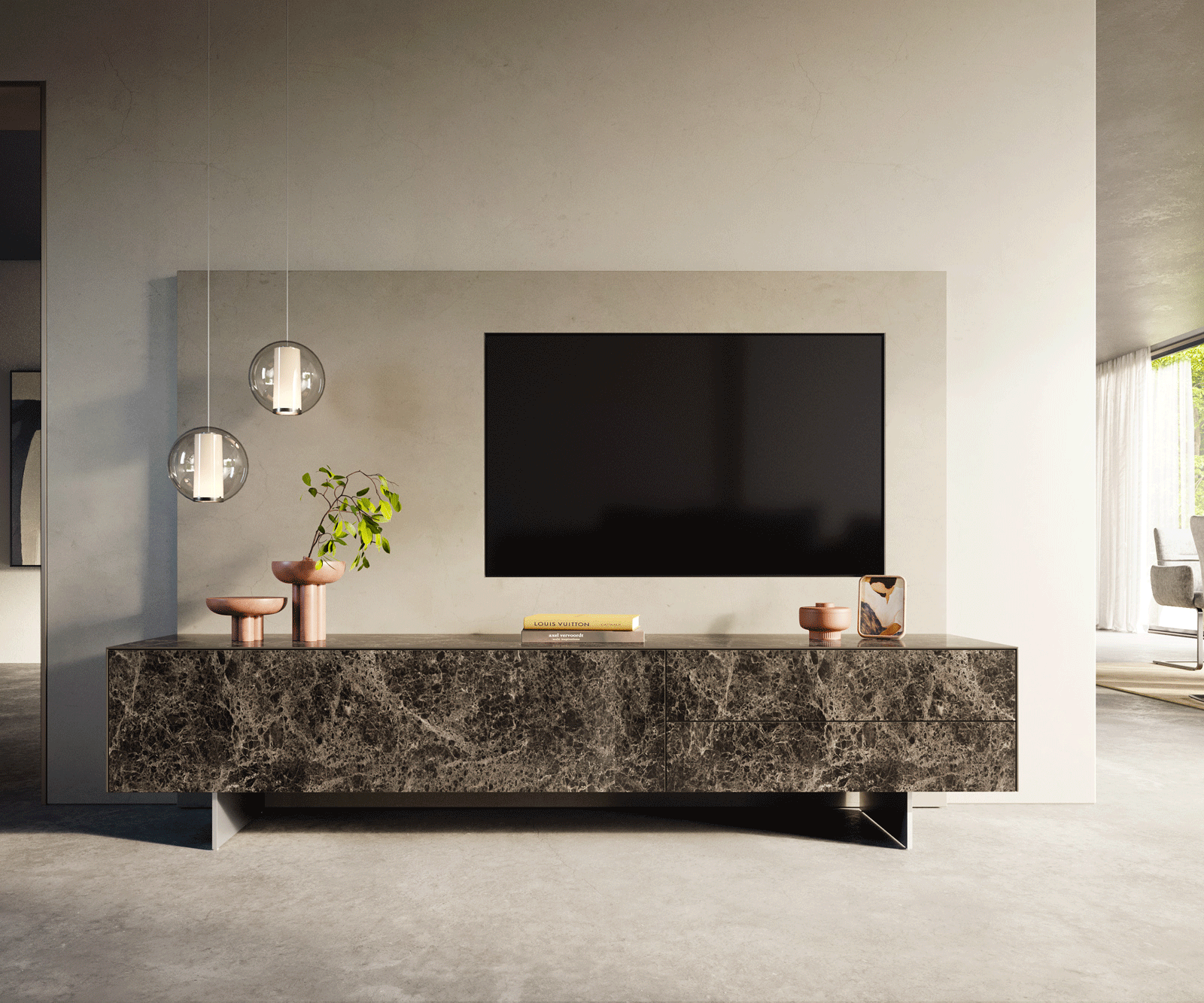 ТВ шкаф Cuor 220 см Керамика Laminam® Emperador Extra Lucidato Тъмно-кафяво 1 врата 2 чекмеджета Основа Неръждаема стомана 1