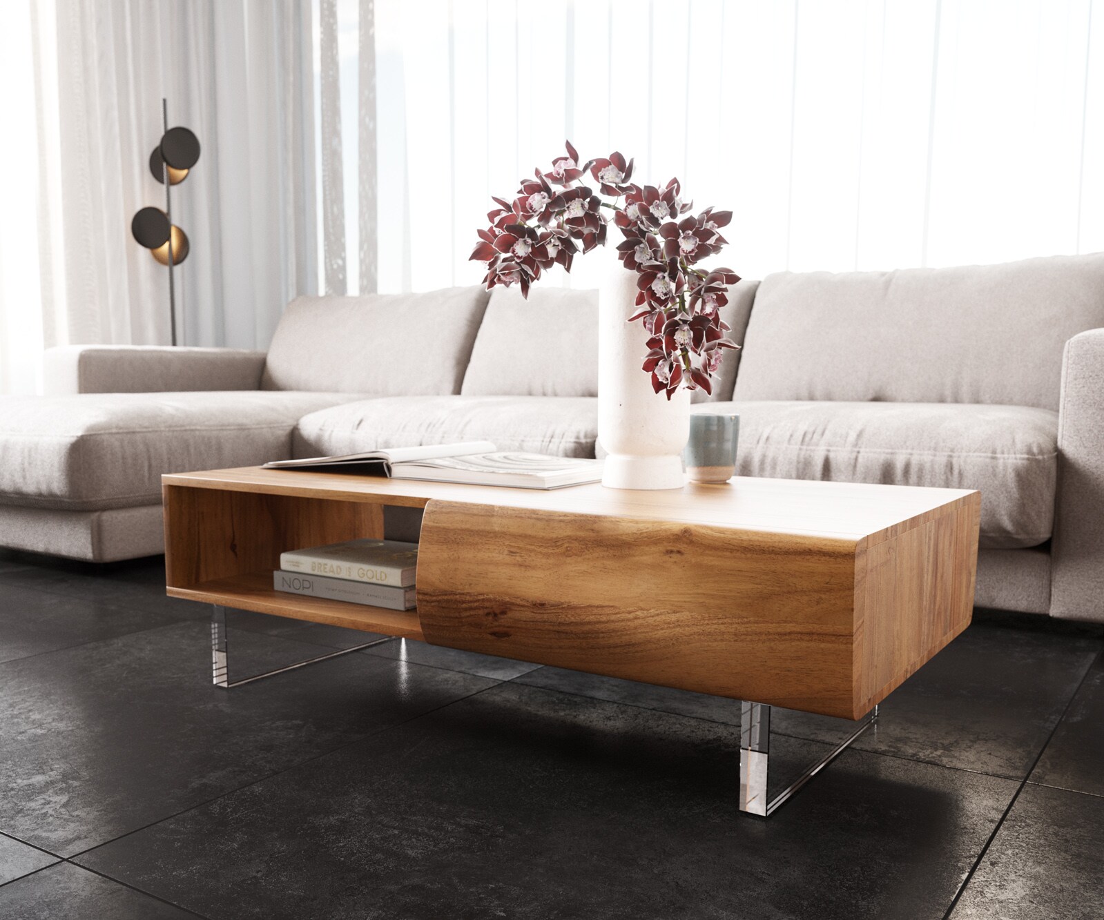 Холна маса New Live-Edge 115x60 см Масив Акация в натурален цвят, 2 чекмеджета 1 рафт Акрилна основа