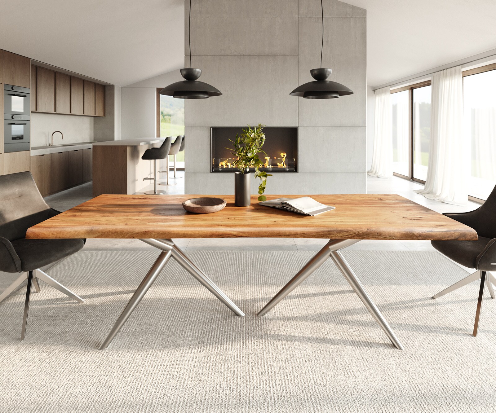 Трапезна маса Edge 240x100, естествена акация Estelar, кръгла, от неръждаема стомана, с естествени ръбове 2