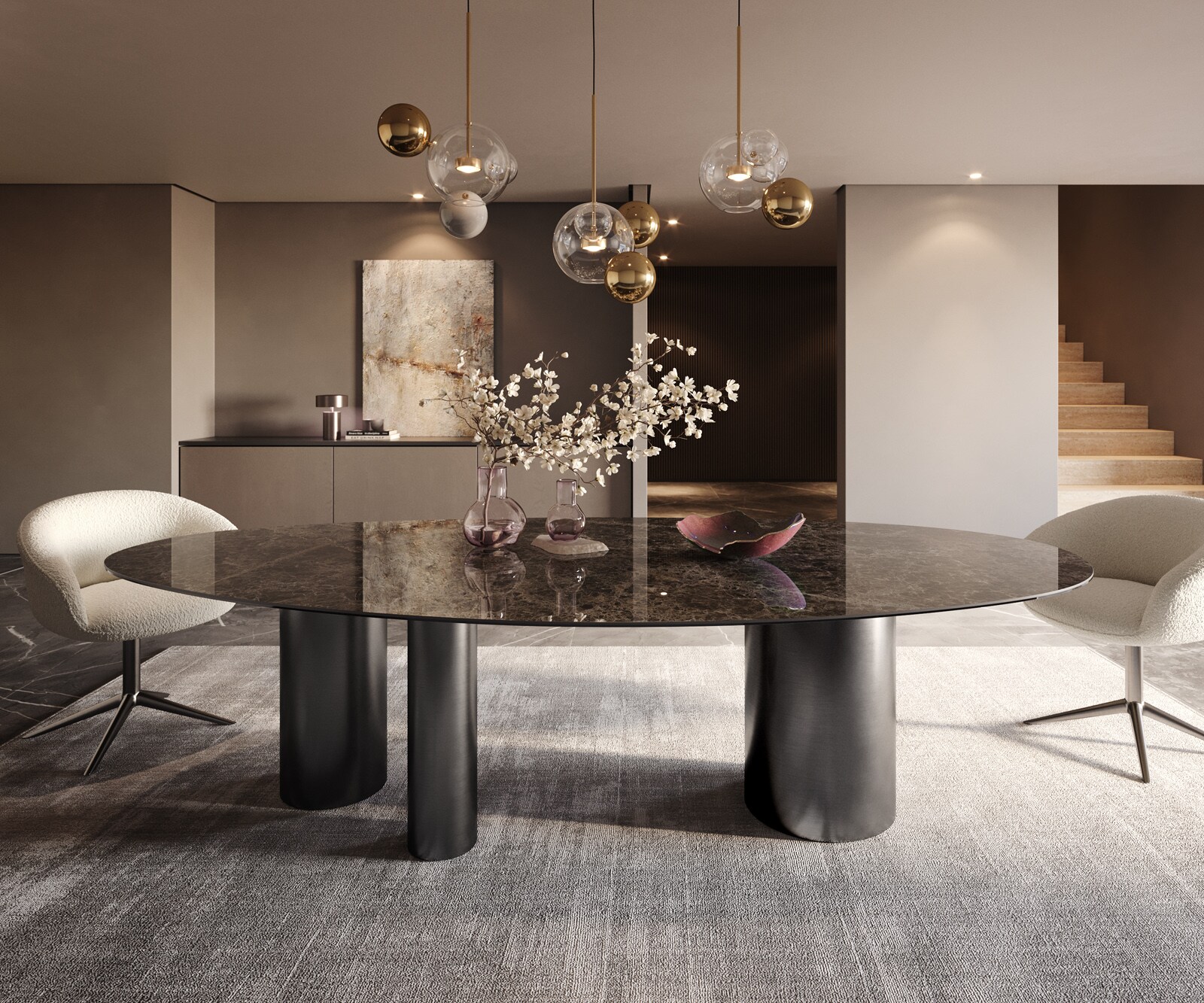 Трапезна маса Edge Oval 280x130, керамика Laminam „®“, Emperador Extra Lucidato, тъмнокафяво, Troa, неръждаема стомана, графит 2