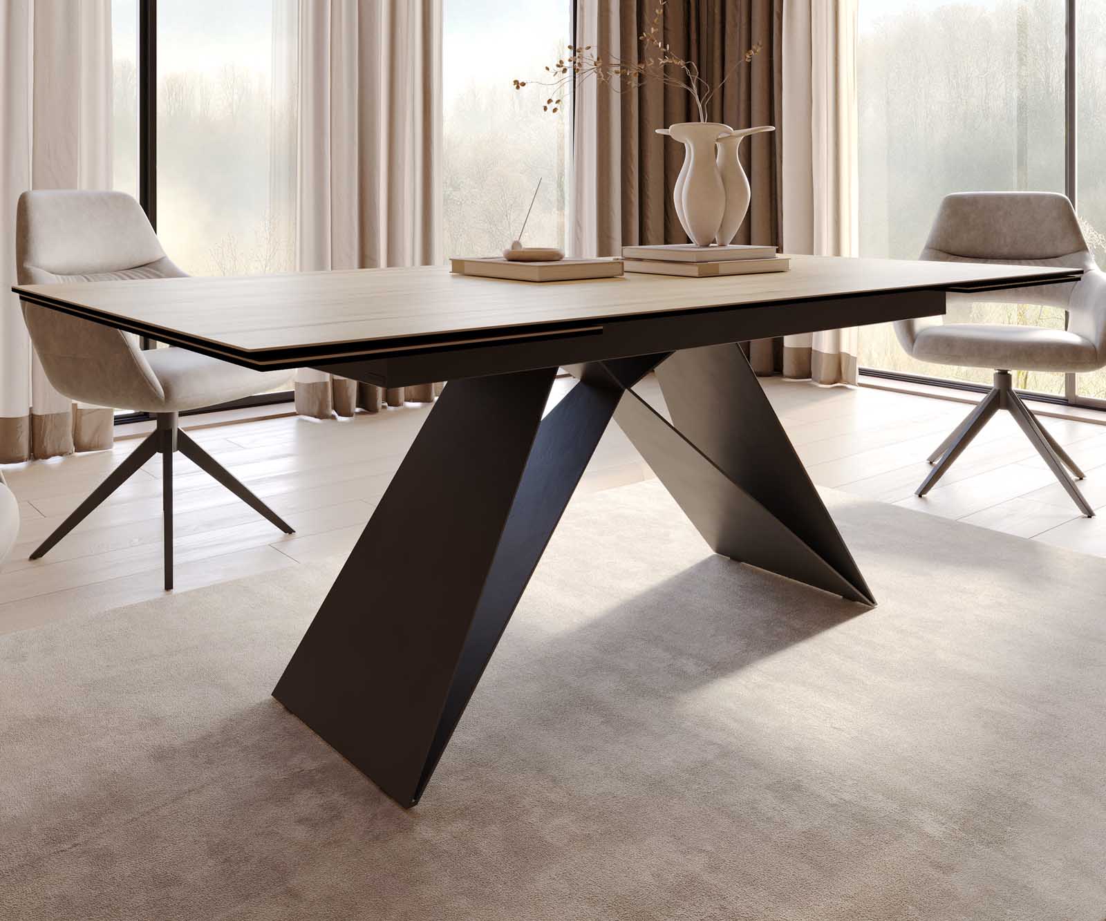 Маса 200-300x100 Keramik Laminam® Sabbia Дъбцвят V-Рамка плоска стомана Черен разтегателна Edge 5