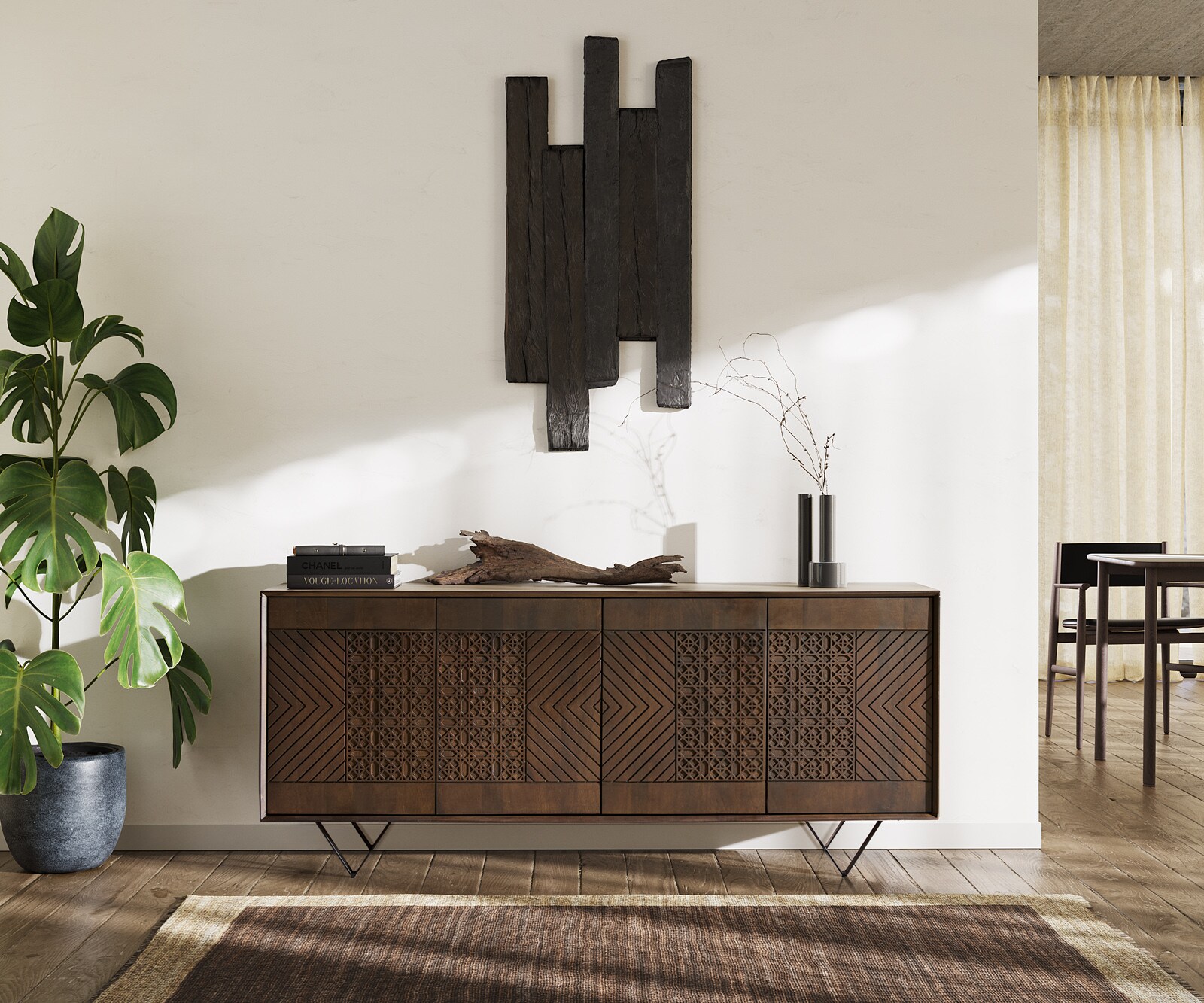 Шкаф Manjula 170 cm манго кафяв 4 врати V-образен метален крак черен 2