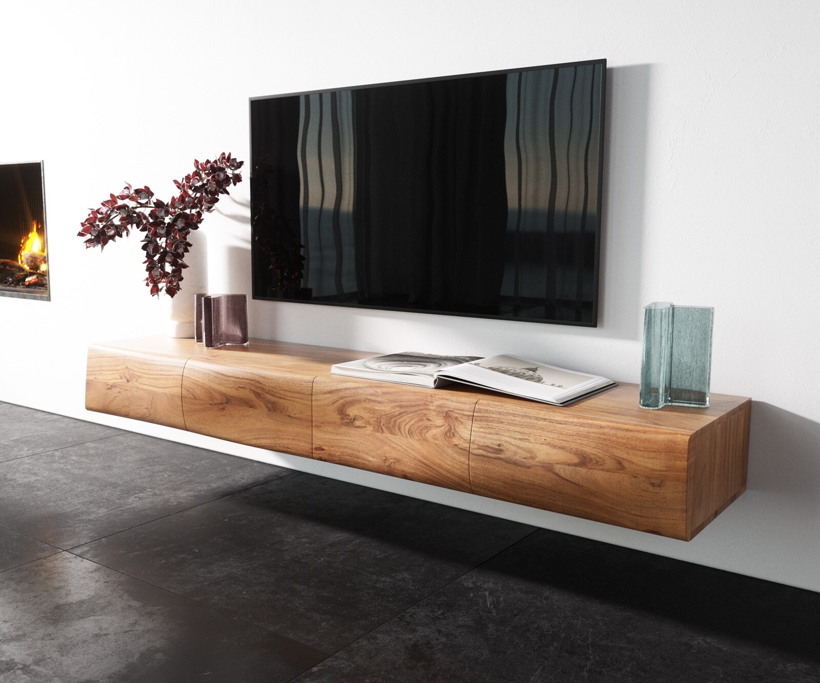 Стенен ТВ шкаф New Live-Edge 175 cm, Естествен ръб, Масив Акация, 4 Врати, Натурален цвят