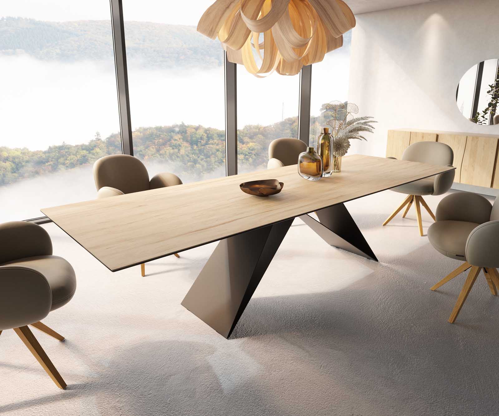 Маса 300x100 Keramik Laminam® Sabbia Дъбцвят V-Рамка плоска стомана Черен Edge