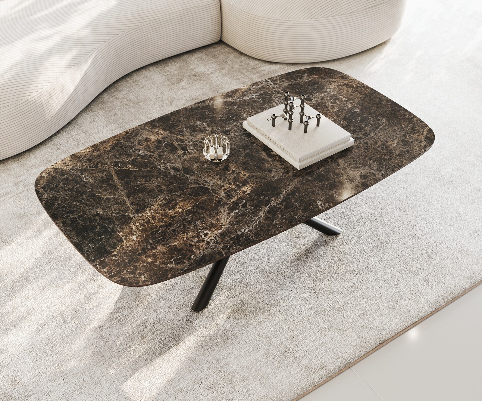 Масичка за кафе Edge Boot 140x80 cm керамика Laminam® Emperador Extra Lucidato Тъмно кафяво Sarity Metal Black 4
