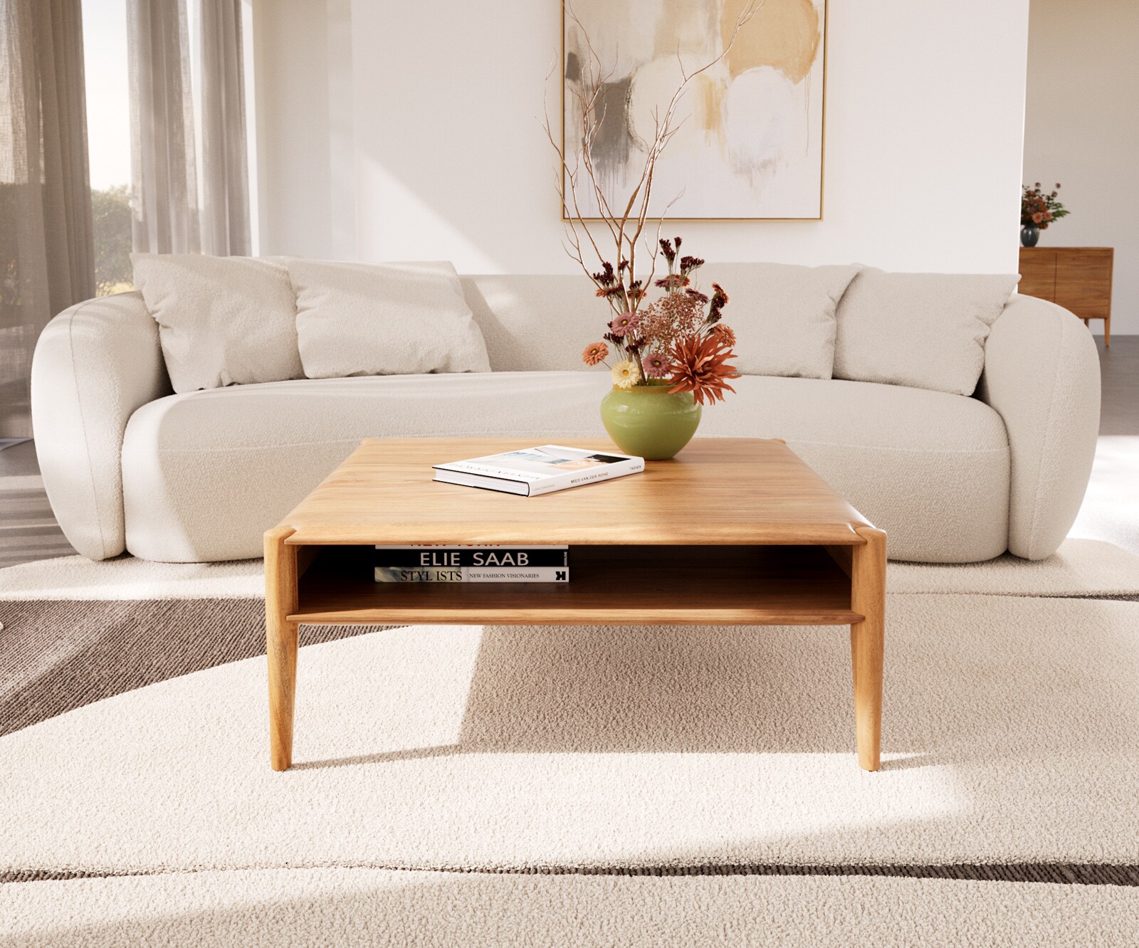 Масичка за кафе Simcha 90x90 cm естествена акация 1 рафт 1