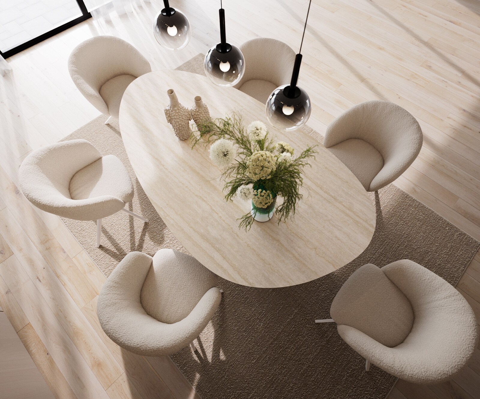 Трапезна маса Edge Oval 220x120, керамика Laminam „®“, Travertino Bianco, кремаво-бяла, метални крака Pilier, бели 4