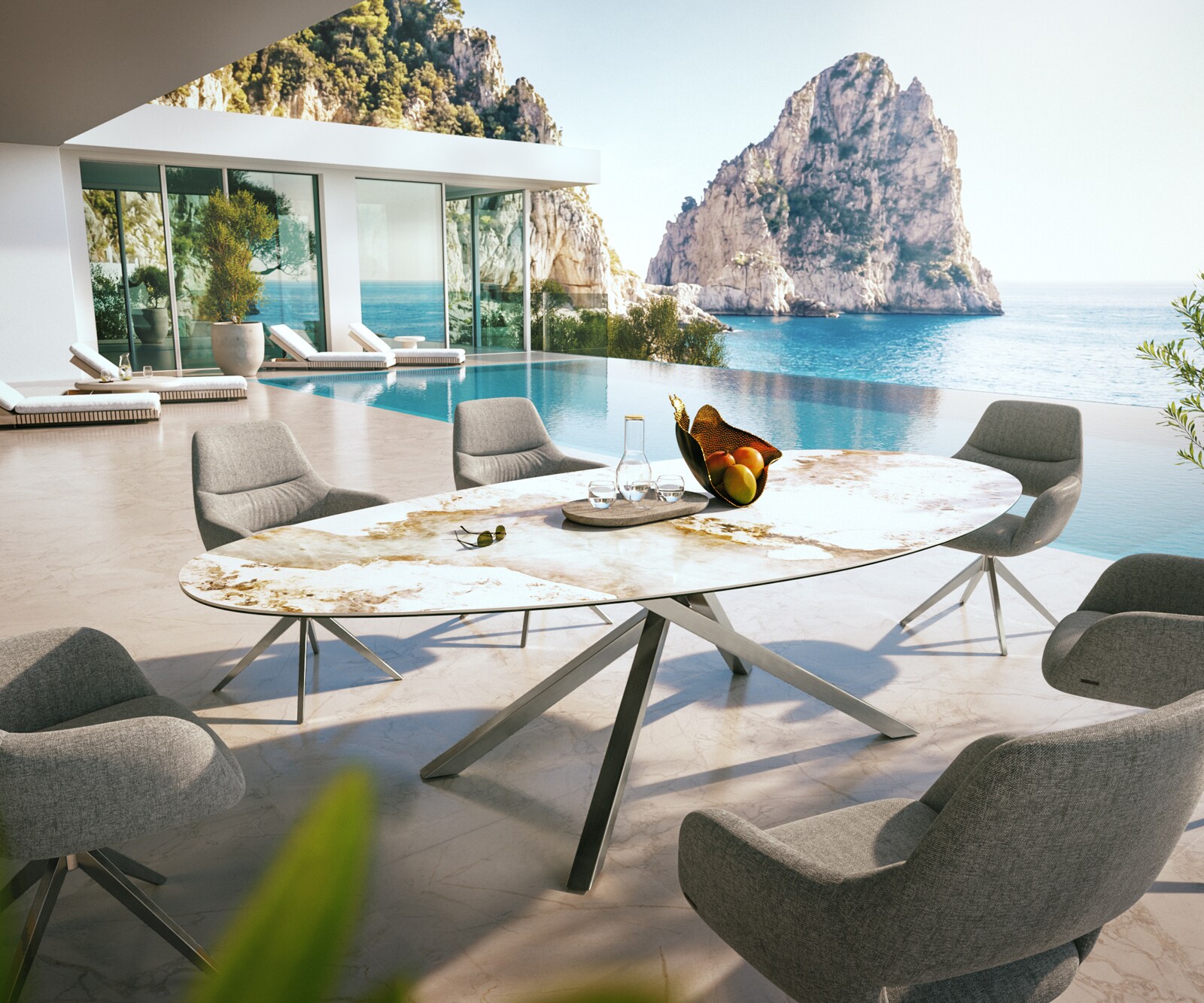 Маса Edge Овал 280x130 см, керамика Minas Melange, бяло-бежова, подходяща за външна употреба, кръстосана рамка, правоъгълна, неръждаема стомана 4