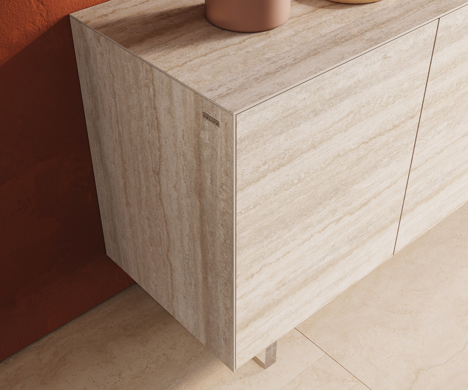 Шкаф Cuor 150 cm Керамичен ламинат® Travertino Bianco Крем-бяло 3 врати Крака Плаващ вид акрилно стъкло 6