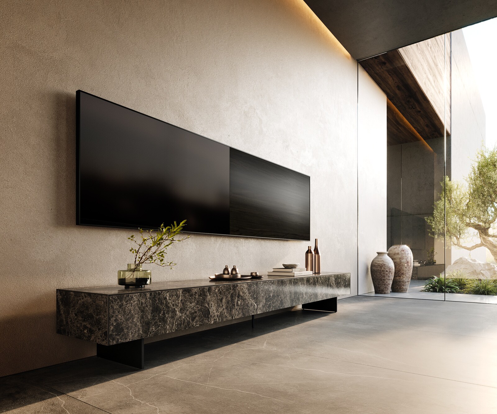 ТВ шкаф Cuor 250 см Керамика Laminam® Emperador Extra Lucidato Тъмно-кафяво 1 врата 1 чекмедже Основа Метал Черен 1