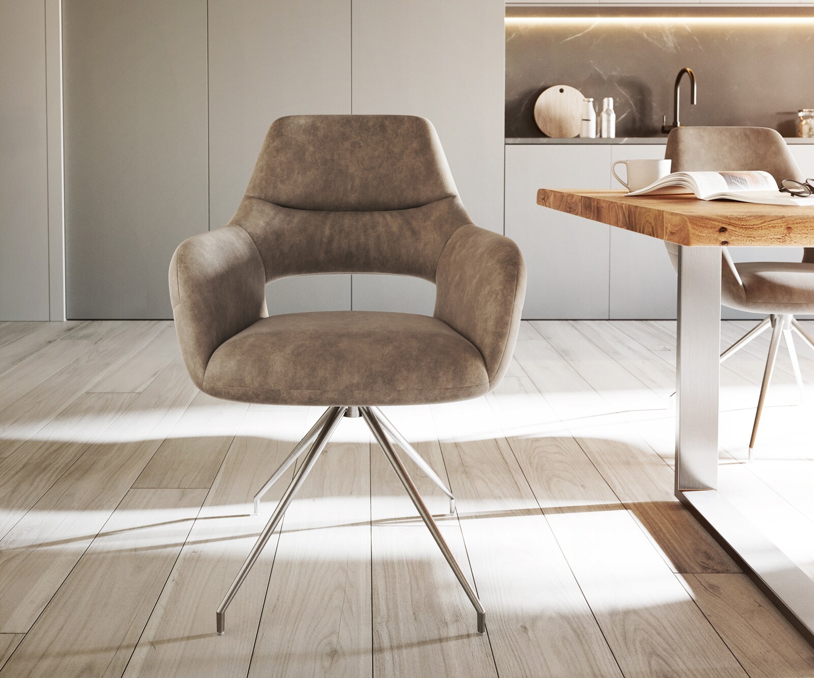 Врътящ се стол с подлакътници Таупе Винтидж Конус крак кръгъл Неръждаема стомана 180° въртящ се Yago-Flex 2 Врътящ се стол с подлакътници Таупе Винтидж Конус крак кръгъл Неръждаема стомана 180° въртящ се Yago-Flex 2