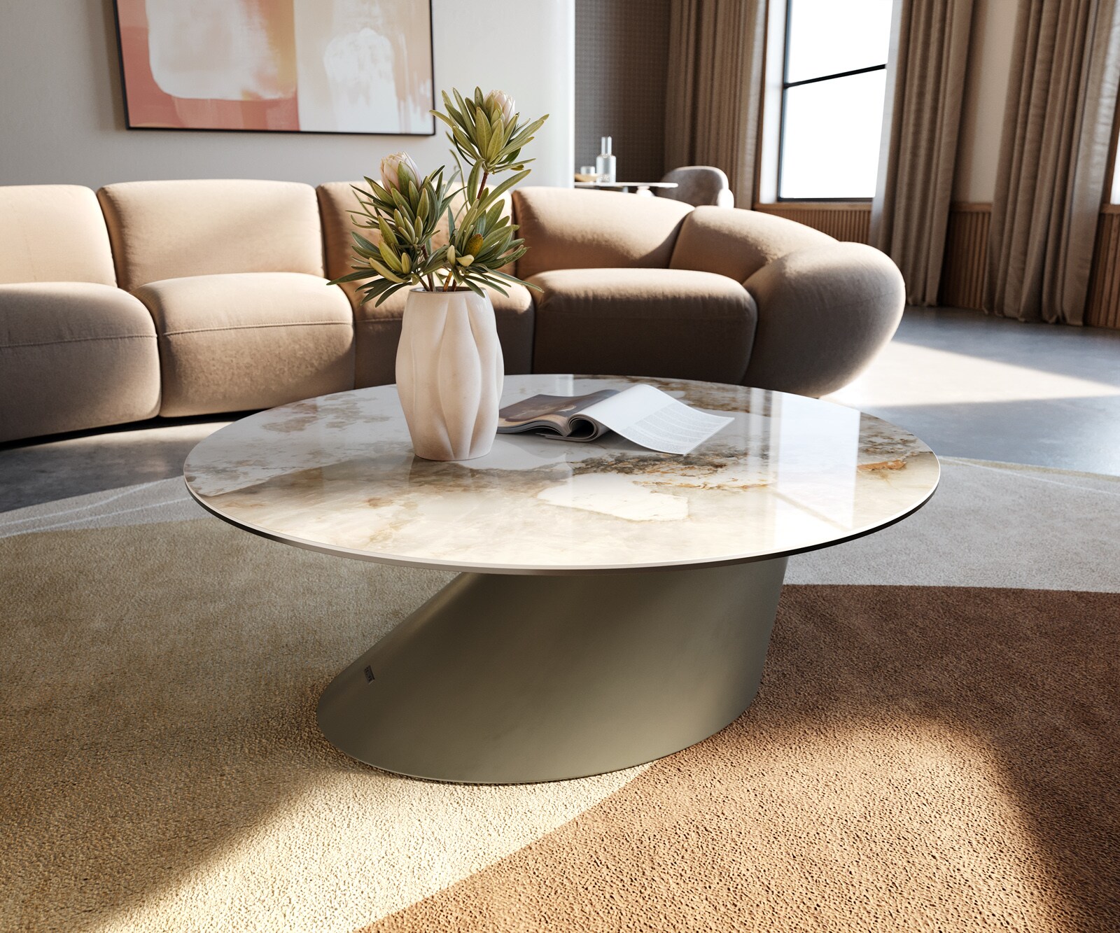 Кръгла холна маса Edge 90x90 см, керамика Minas Melange, основа Conis с метален ефект и покритие титан 1
