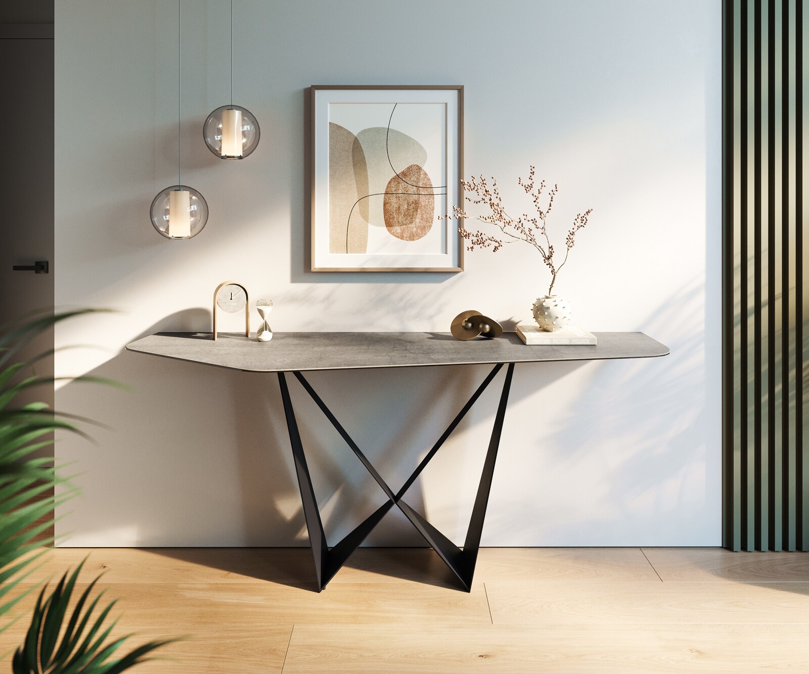 Конзолна маса Edge Polygonal 180x50 см, керамика и бетон в сиво, метал Spios в черно 4