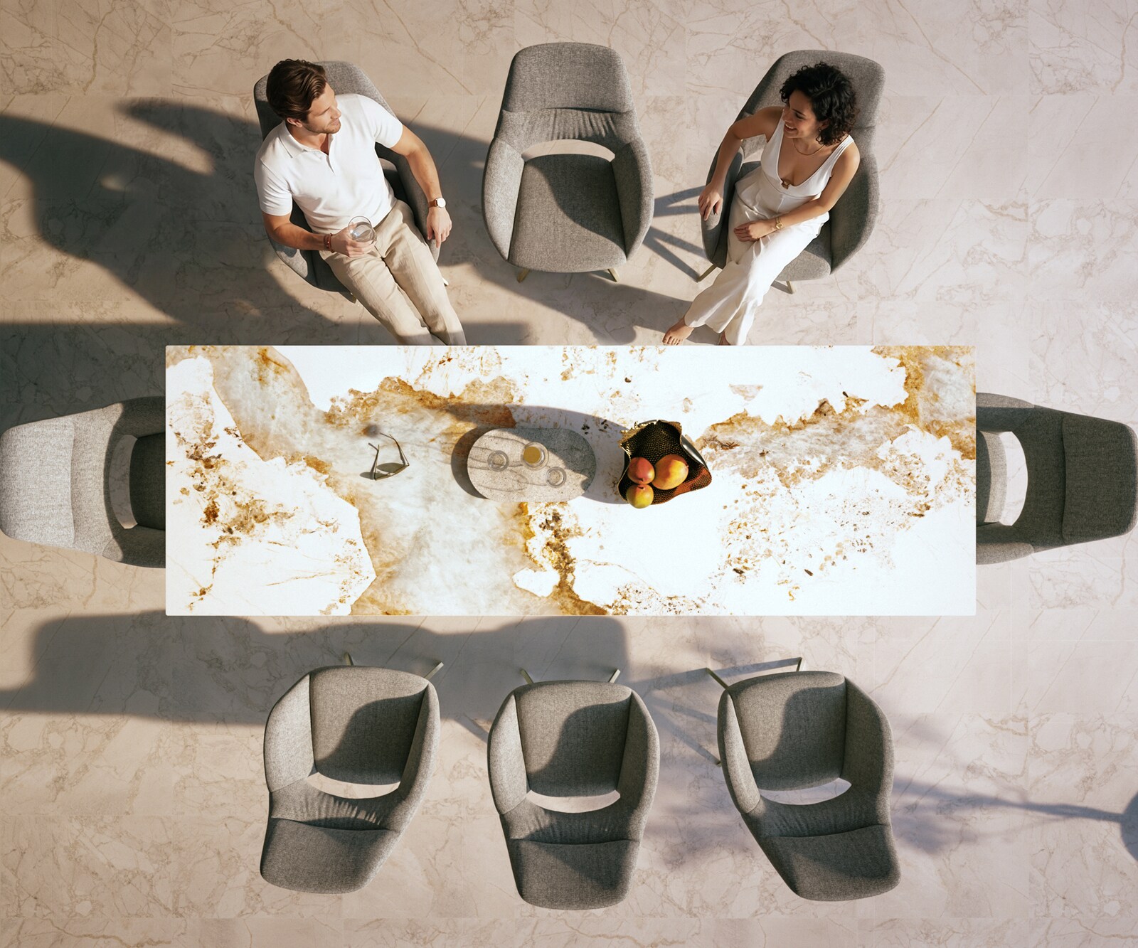 Луксозна външна маса Edge 300x100 см, керамичен правоъгълен плот Minas Melange, Кръстовидна основа, Бяло-бежово/Сребристосив 5