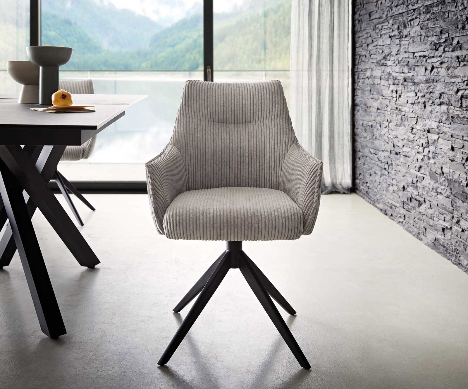 Врътящ се стол с подлакътници Корд СребристСив Конус крак плосък Черен 360° въртящ се Покет пружина Alja-Flex 2