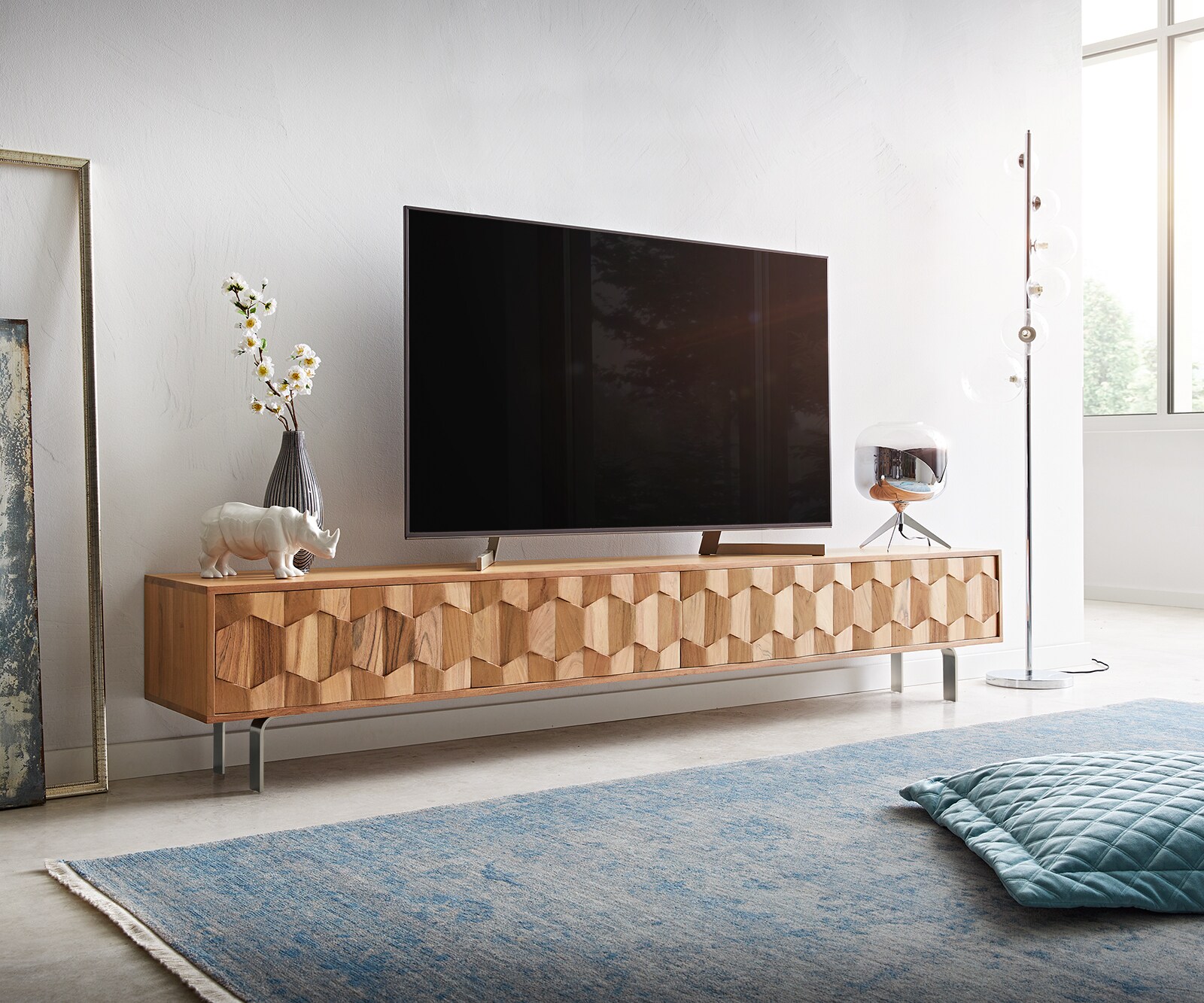ТВ шкаф Fevo 220 cm, Масив Акация, 4 Врати, Г-Крак, Натурален  4