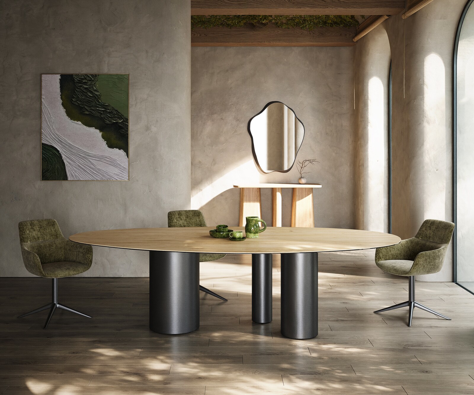 Трапезна маса Edge Oval 280x130, керамика Laminam „®“, цвят „Sabbia“ (дъбов), „Troa“, неръждаема стомана, графит 1