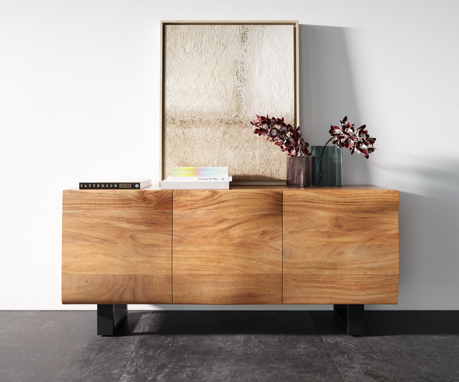 Шкаф New Live-Edge 145 cm естествена акация 3 вратички метален бегач черен 3