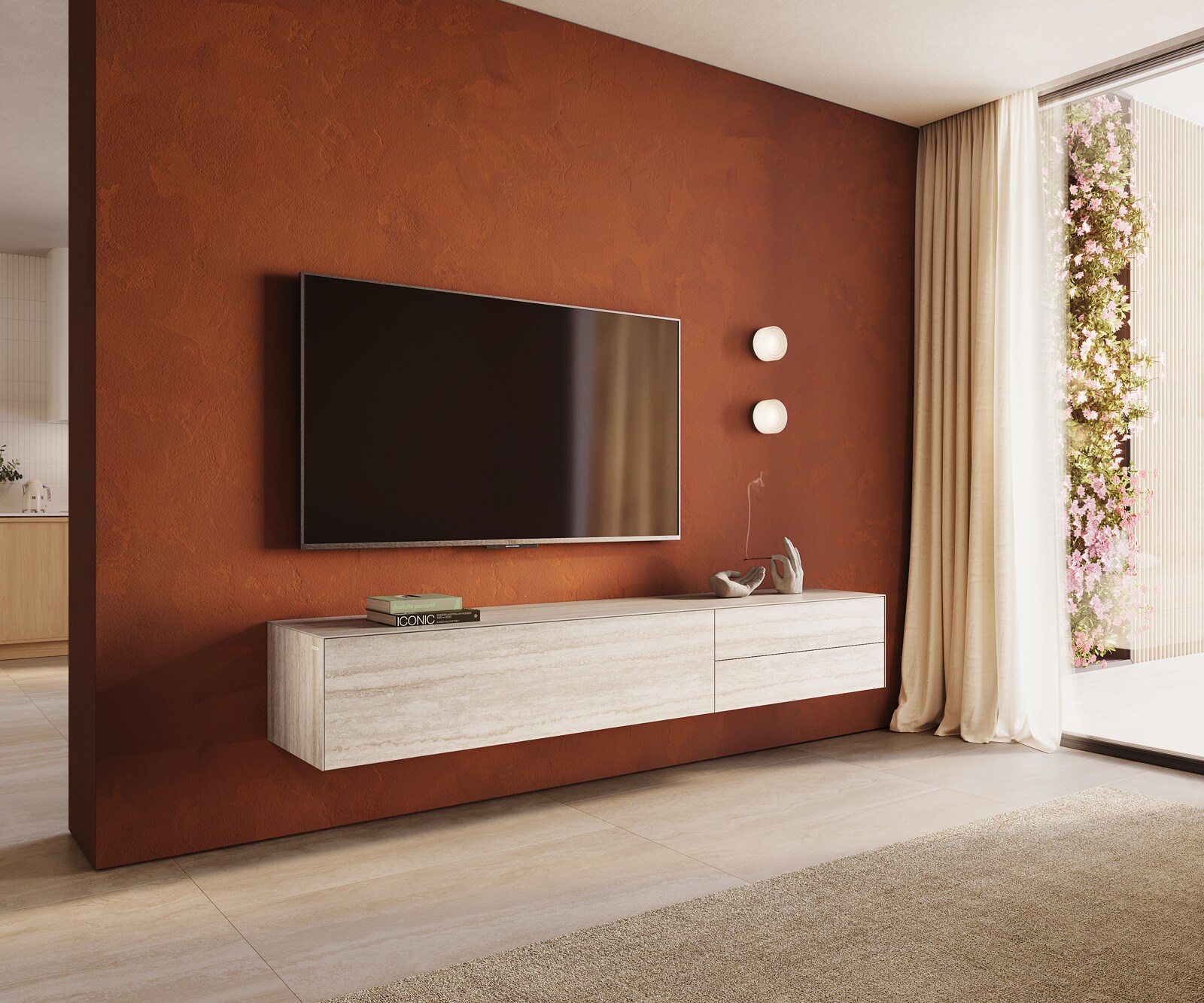 Стенен ТВ шкаф Cuor 220 см Керамика Laminam® Travertino Bianco Крем-бяло 1 врата 2 чекмеджета 
