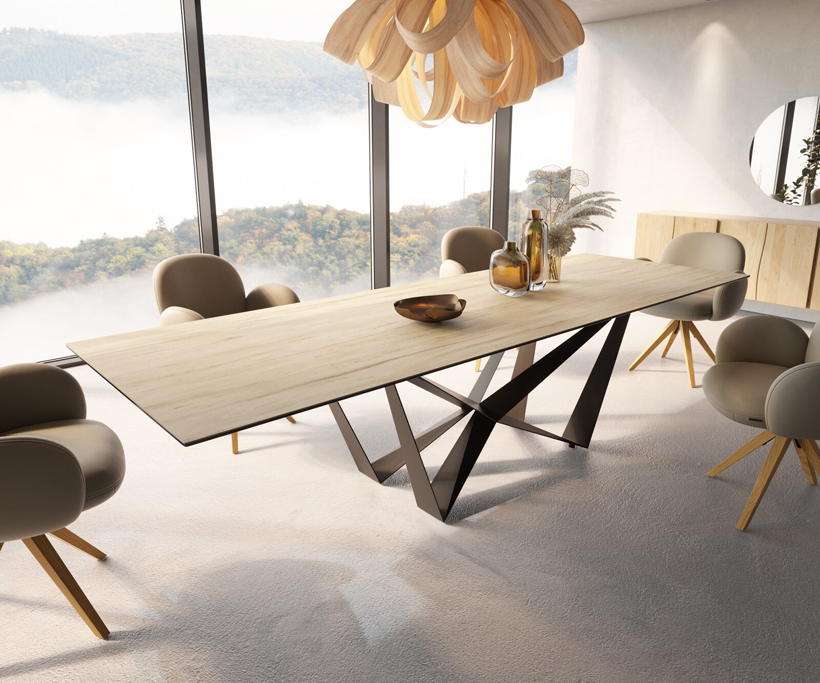 Маса 300x100 Keramik Laminam® Sabbia Дъбцвят Spider плоска стомана Черен Edge