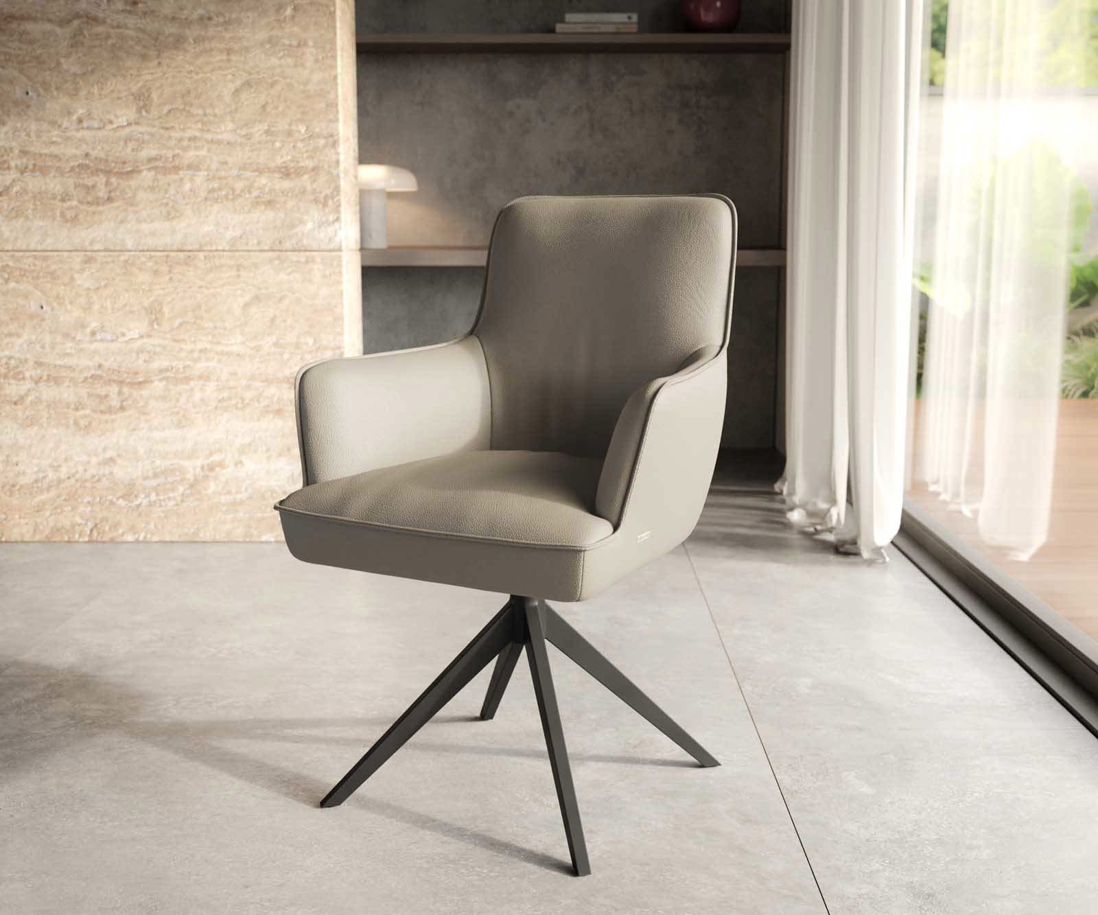 Врътящ се стол с подлакътници Естествена кожа Сиво-Кафяв Конус крак плосък Черен 360° въртящ се Покет пружина Heira-Flex Врътящ се стол с подлакътници Естествена кожа Сиво-Кафяв Конус крак плосък Черен 360° въртящ се Покет пружина Heira-Flex