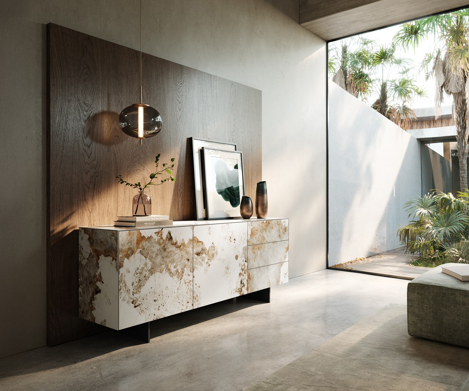 Бюфет Cuor 180 cm Керамичен Minas Melange Бяло-бежово 2 врати 3 чекмеджета Основа Плаващ вид Метал Черно 1