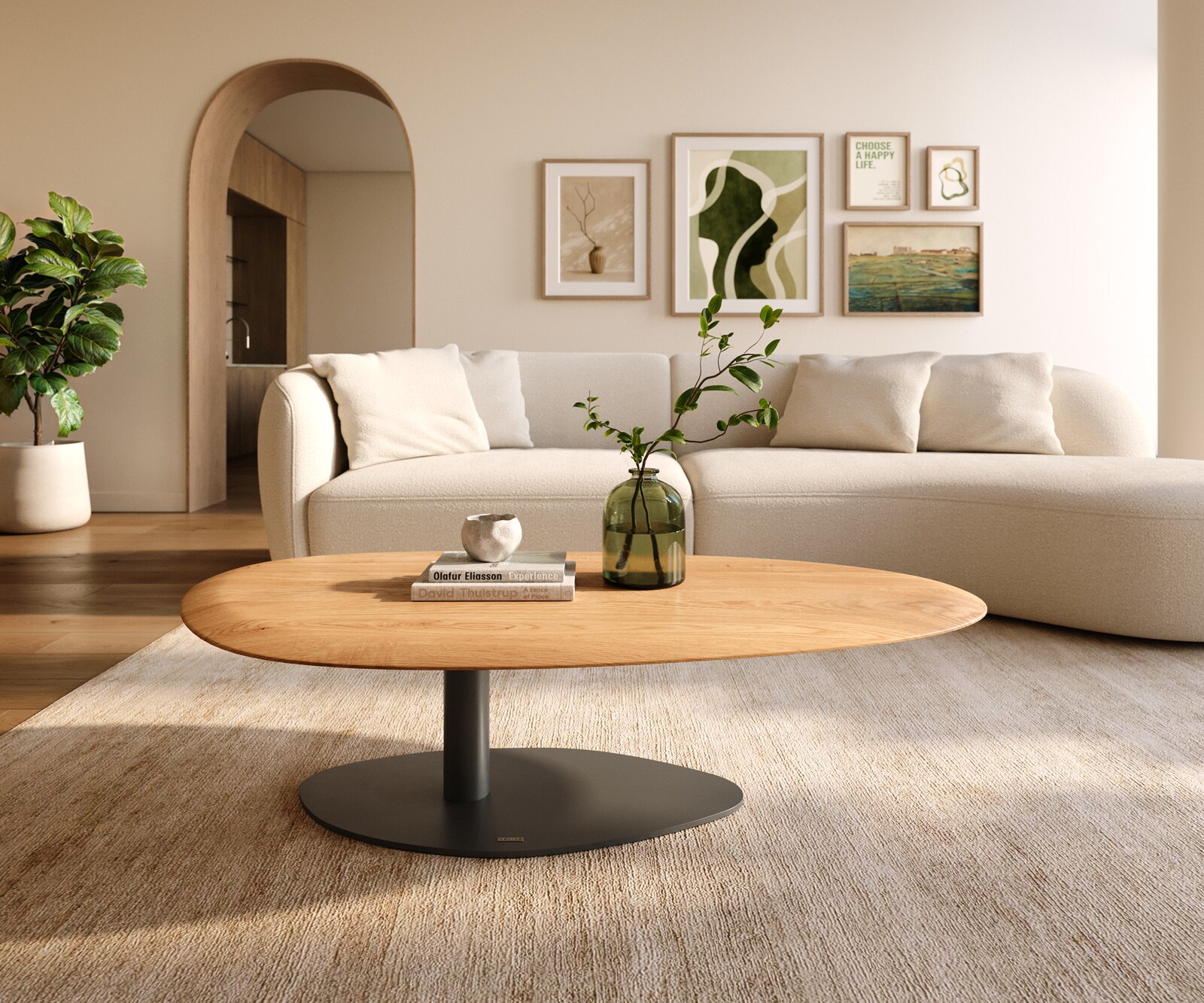 Масичка за кафе Edge Oval 140x75 cm естествен дъб кръгъл ръб Vibany метал черен 1