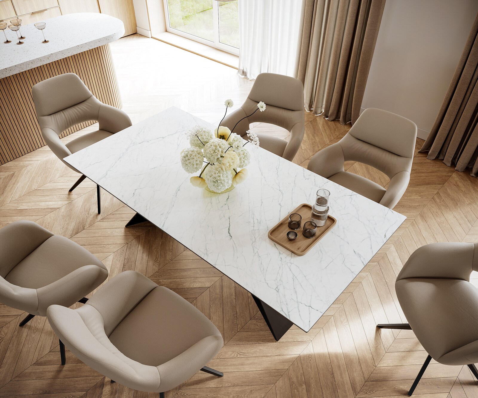 Маса 200x100cm Keramik Laminam®Statuarietto Бял V-среден крак Черен Edge 3