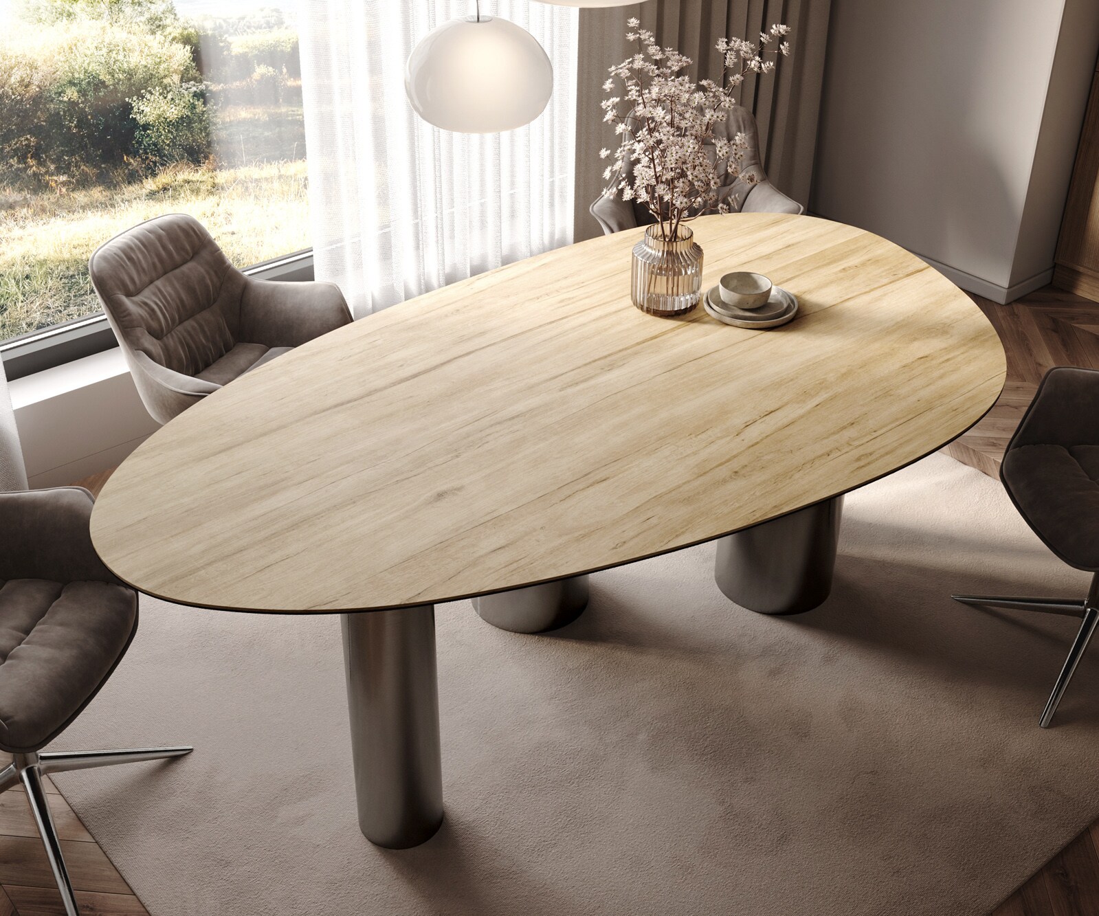Трапезна маса Edge Oval 220x120 Керамичен ламинат® Sabbia Дъбов цвят Pilier Неръждаема стомана Графит 3
