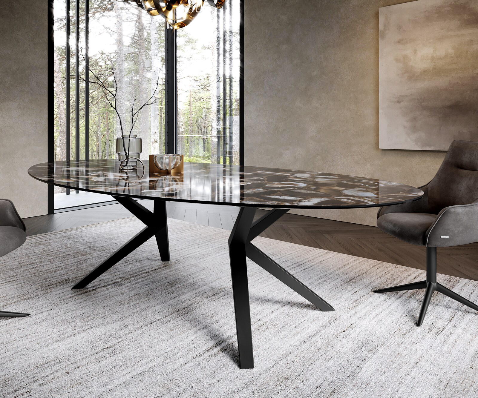 Трапезна маса Edge Oval 280x130, керамика Iris FMG Agatablack, Zenthara с остри ръбове, метал, черна 5