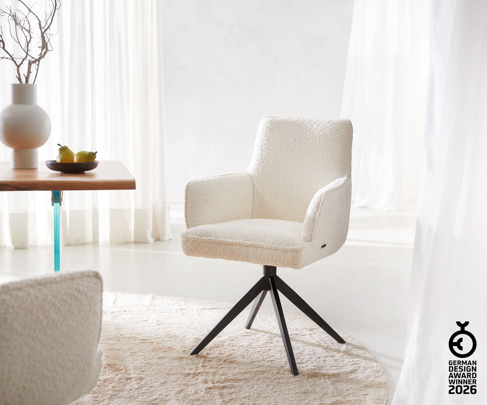 Врътящ се стол с подлакътници Букле Бял Конус крак плосък Черен 360° въртящ се Покет пружина Heira-Flex