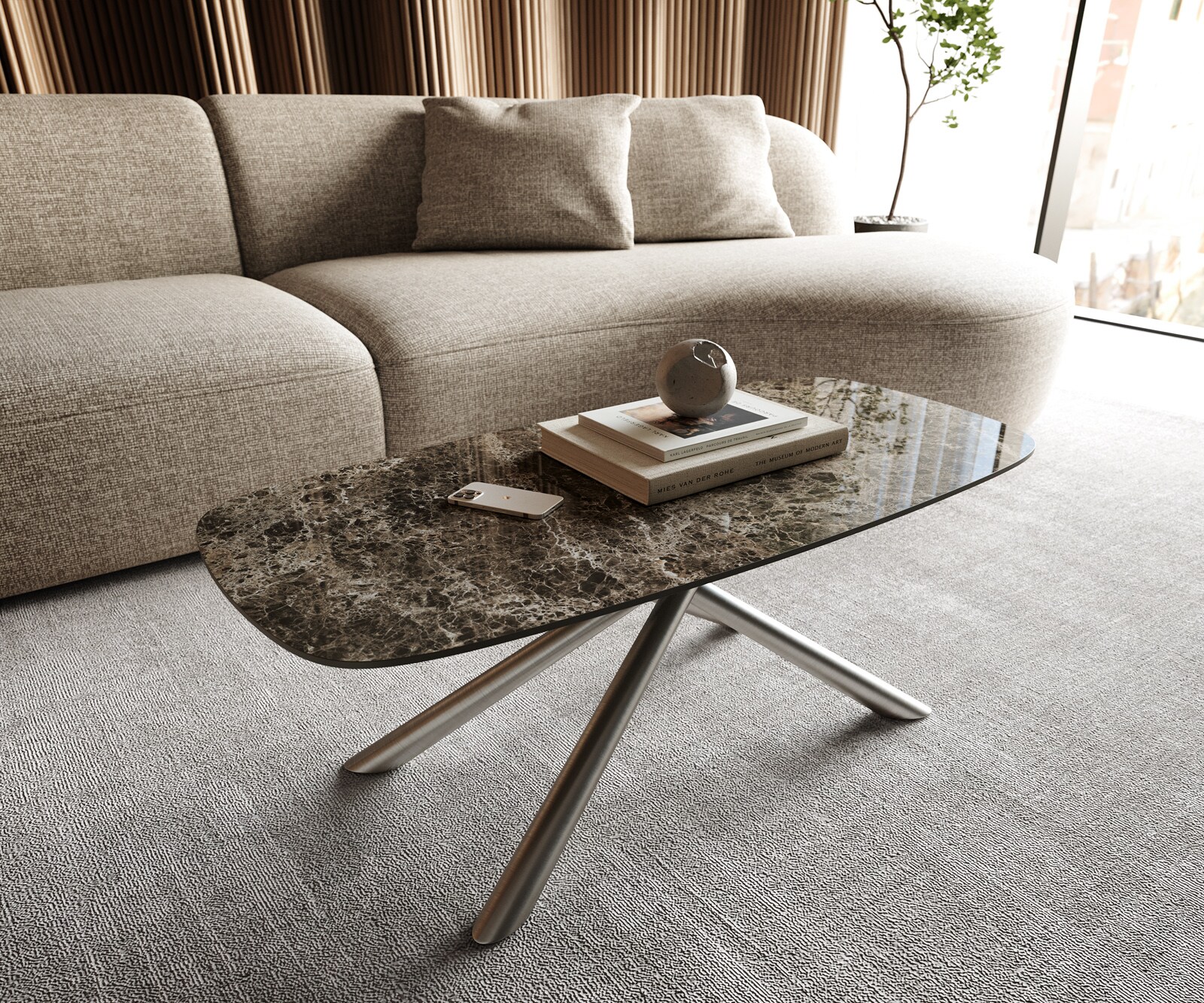 Масичка за кафе Edge Boot 100x50 cm Керамичен ламинат® Emperador Extra Lucidato Тъмно кафяво Sarity Матирана неръждаема стомана 1