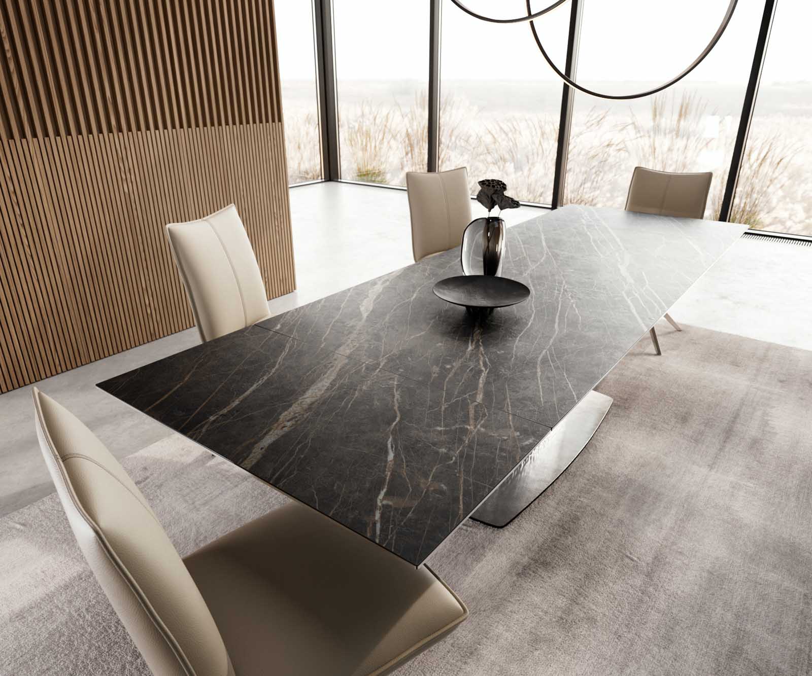 Разтегателна трапезна маса Edge 200-300х100 см Керамика Laminam®Noir Desir Тъмнокафяв Един крак основа Сребристосив 3