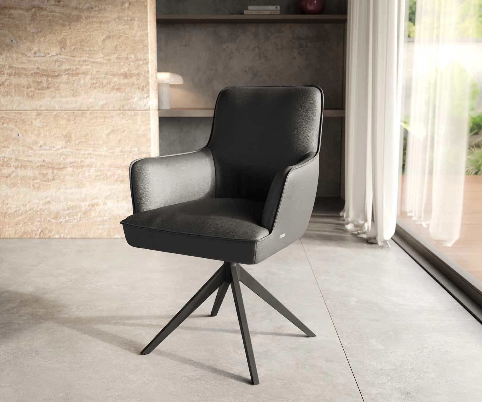 Врътящ се стол с подлакътници Естествена кожа Черен Конус крак плосък Черен 360° въртящ се Покет пружина Heira-Flex Врътящ се стол с подлакътници Естествена кожа Черен Конус крак плосък Черен 360° въртящ се Покет пружина Heira-Flex