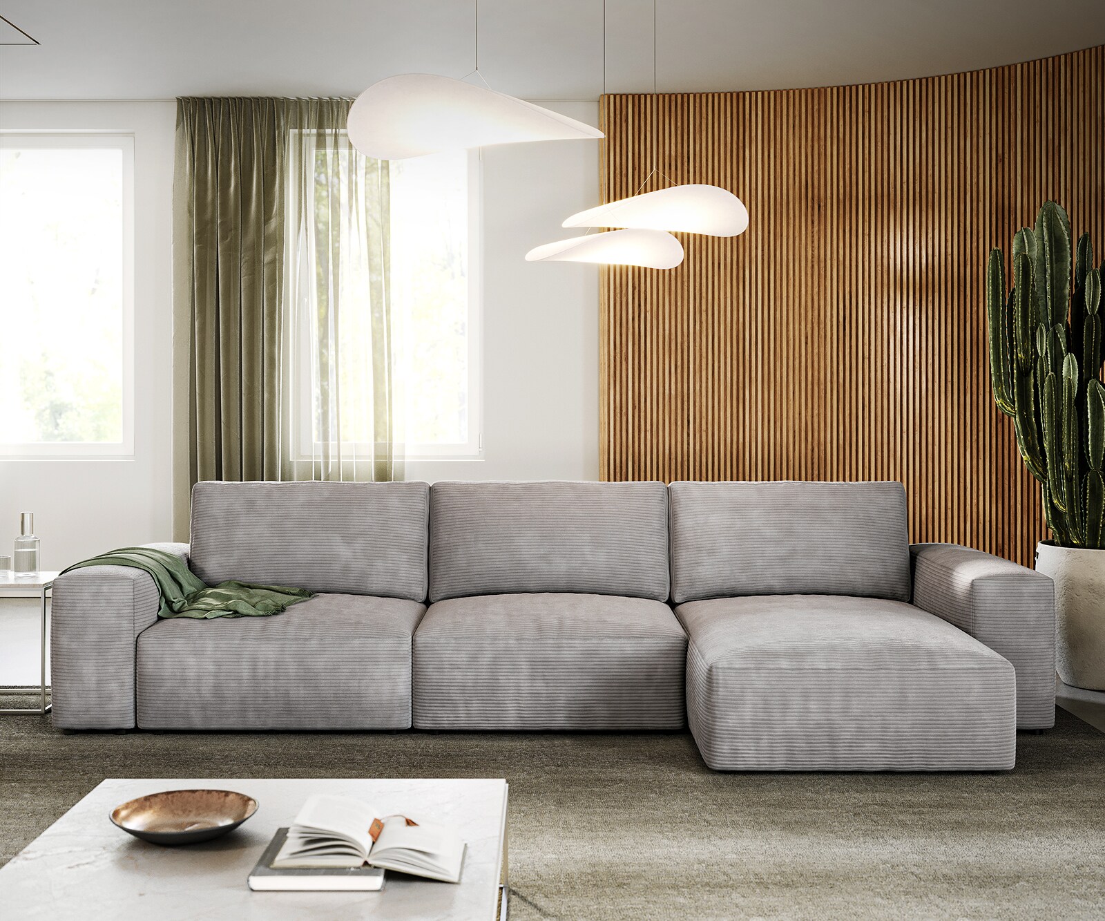 Ъглов диван L 360x160 cm Корд СребристСив Варианти лежанка Lanzo 1