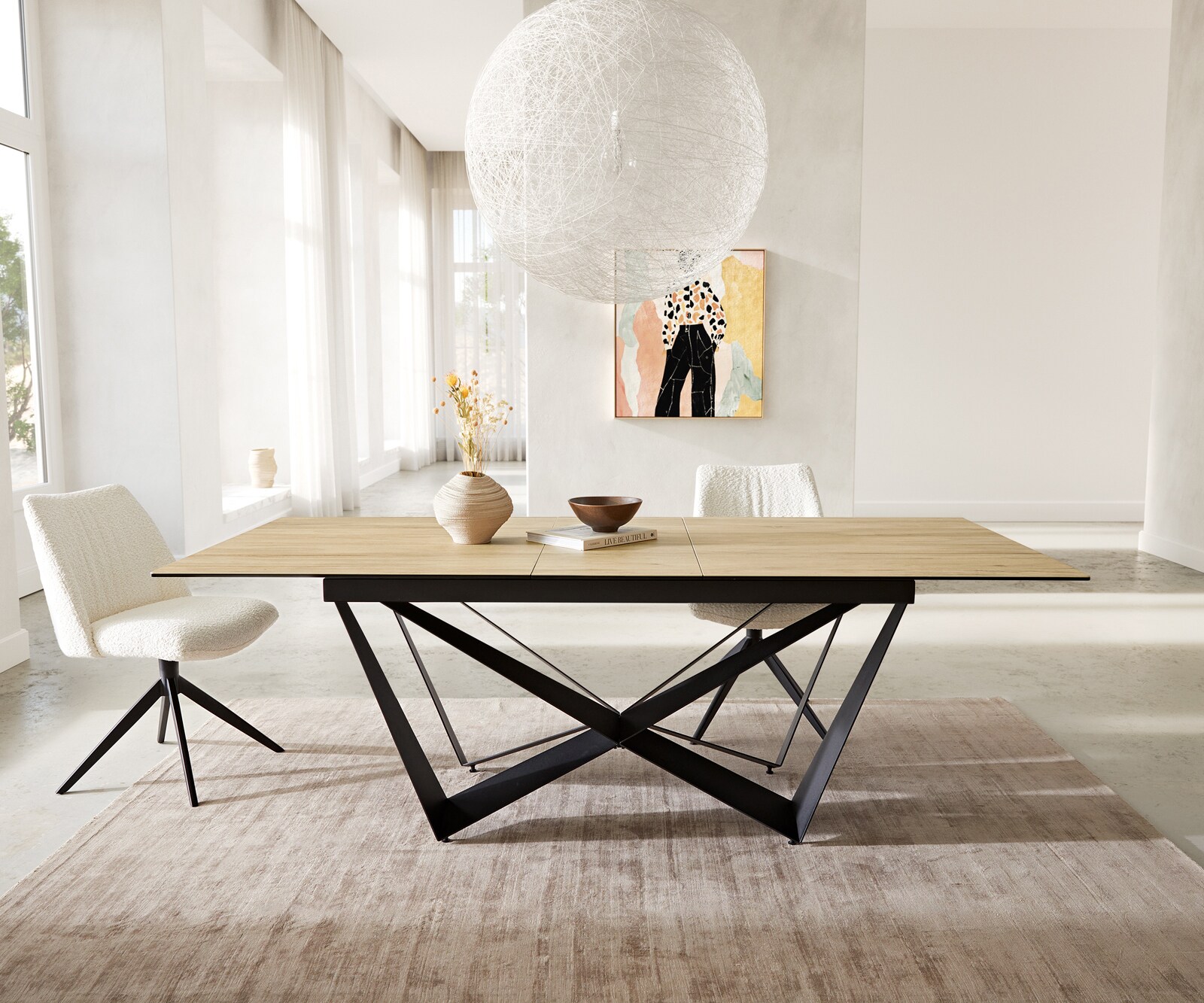 Маса 180-220x100 Keramik Laminam® Sabbia Дъбцвят Spider плоска стомана Черен разтегателна Edge