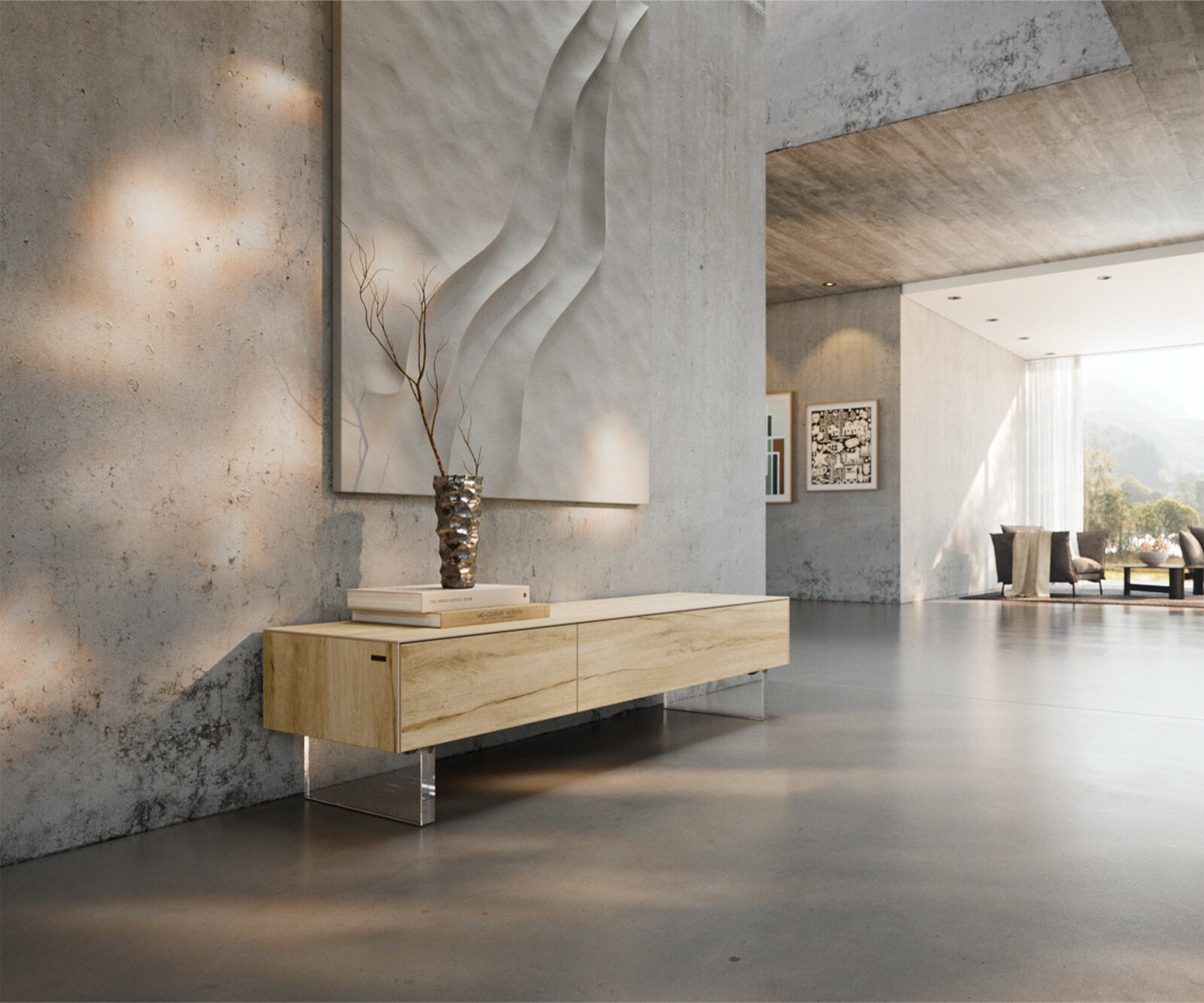 ТВ шкаф Cuor 150 см Керамика Laminam® Sabbia Дъбов цвят 1 врата 1 чекмедже Основа Акрилно стъкло