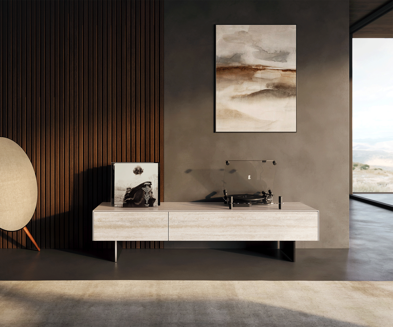 Ниска дъска Cuor 150 см Керамичен ламинат® Travertino Bianco Крем-бяло 1 клапа 1 чекмедже Основа Окачен поглед Метал черен 2