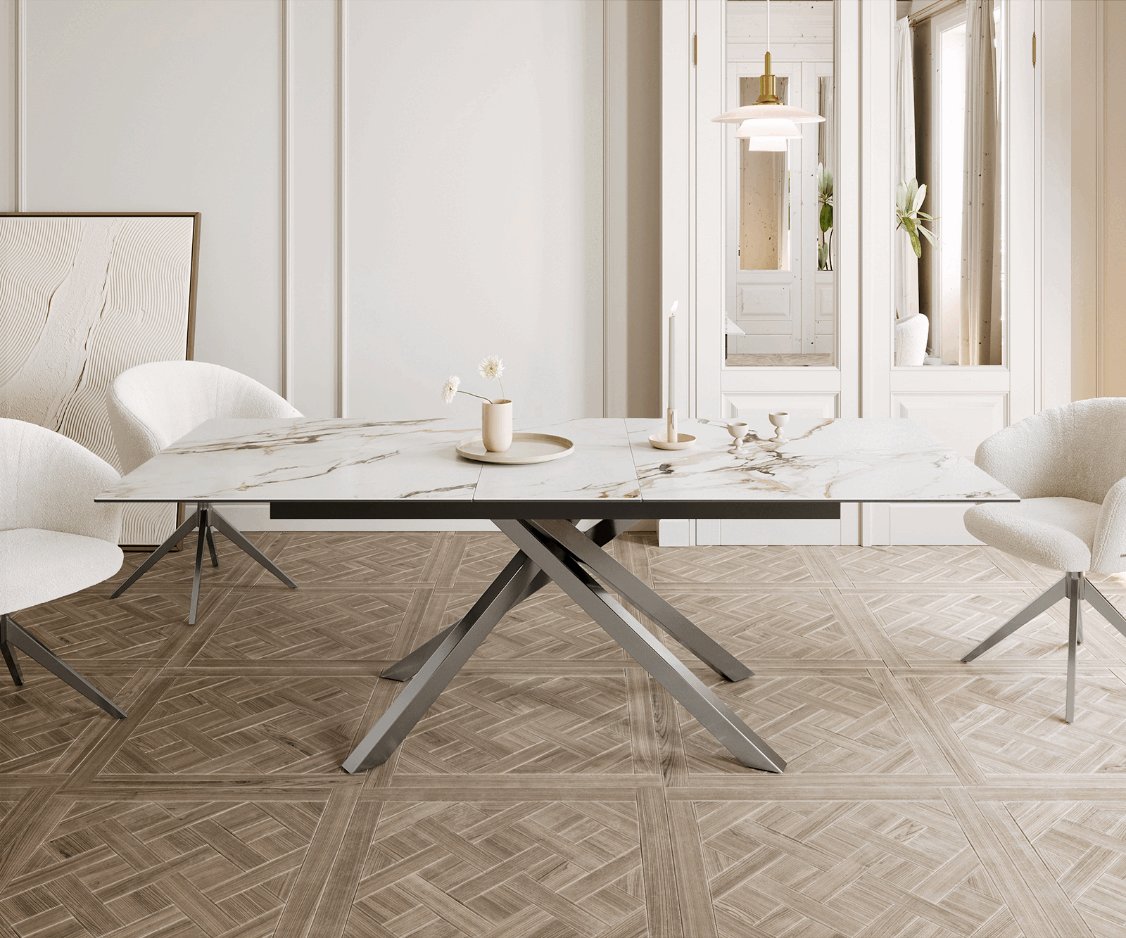 Разтегателна трапезна маса Edge 180-220х100 см Керамика Calacatta Luxe Бял-Злато-Сив Кръсртовидна основа Сребристосив 1