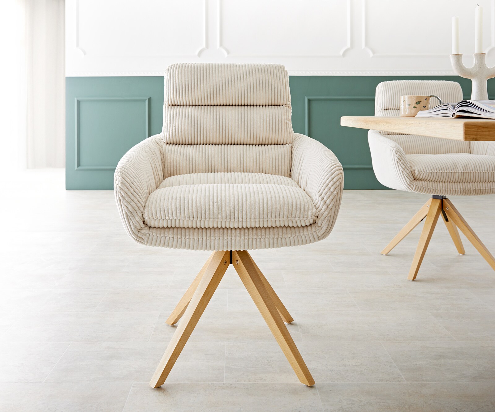 Врътящ се стол с подлакътници Корд Бежов Дървена рамка  180° въртящ се Abelia-Flex 1 Врътящ се стол с подлакътници Корд Бежов Дървена рамка  180° въртящ се Abelia-Flex 1