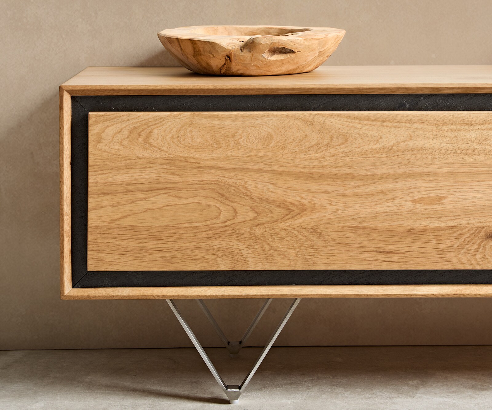 ТВ шкаф Stonegrace 200 cm естествен дъб 4 врати каменен фурнир V-образен крак от неръждаема стомана 6