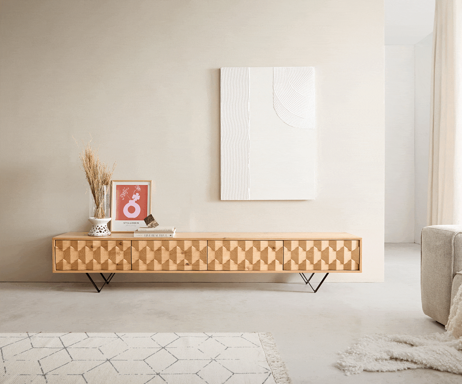 ТВ шкаф Fevo 220 cm Масив дъб, 4 Врати, V-крак, Натурален/Черен 3