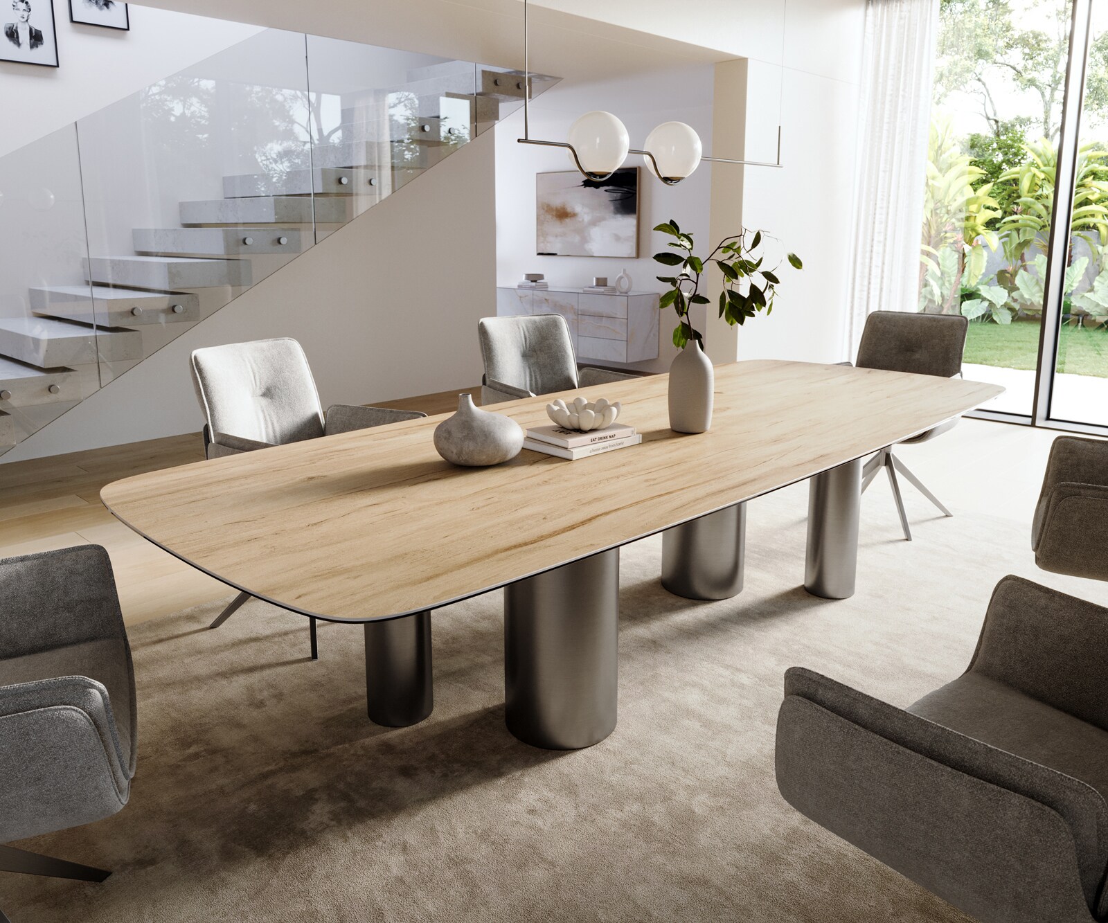 Трапезна маса Edge Boot 300x120 см, керамика Laminam „®“, цвят „Sabbia“ (дъбов), крака от неръждаема стомана, графит 1