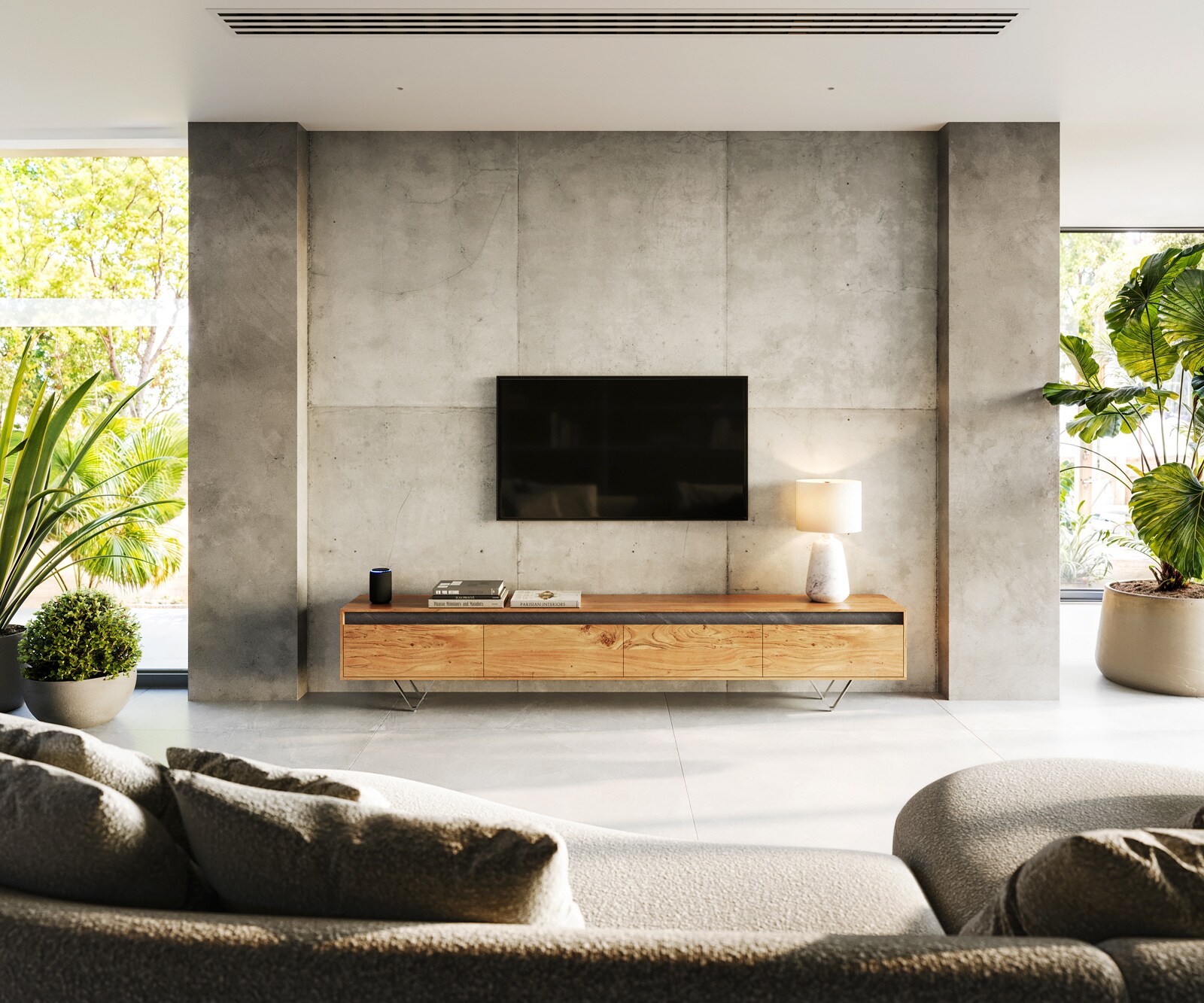 ТВ шкаф Stonegrace 240 cм, 4 Врати, Натурален цвят, Масив Акация с каменен фурнир  1