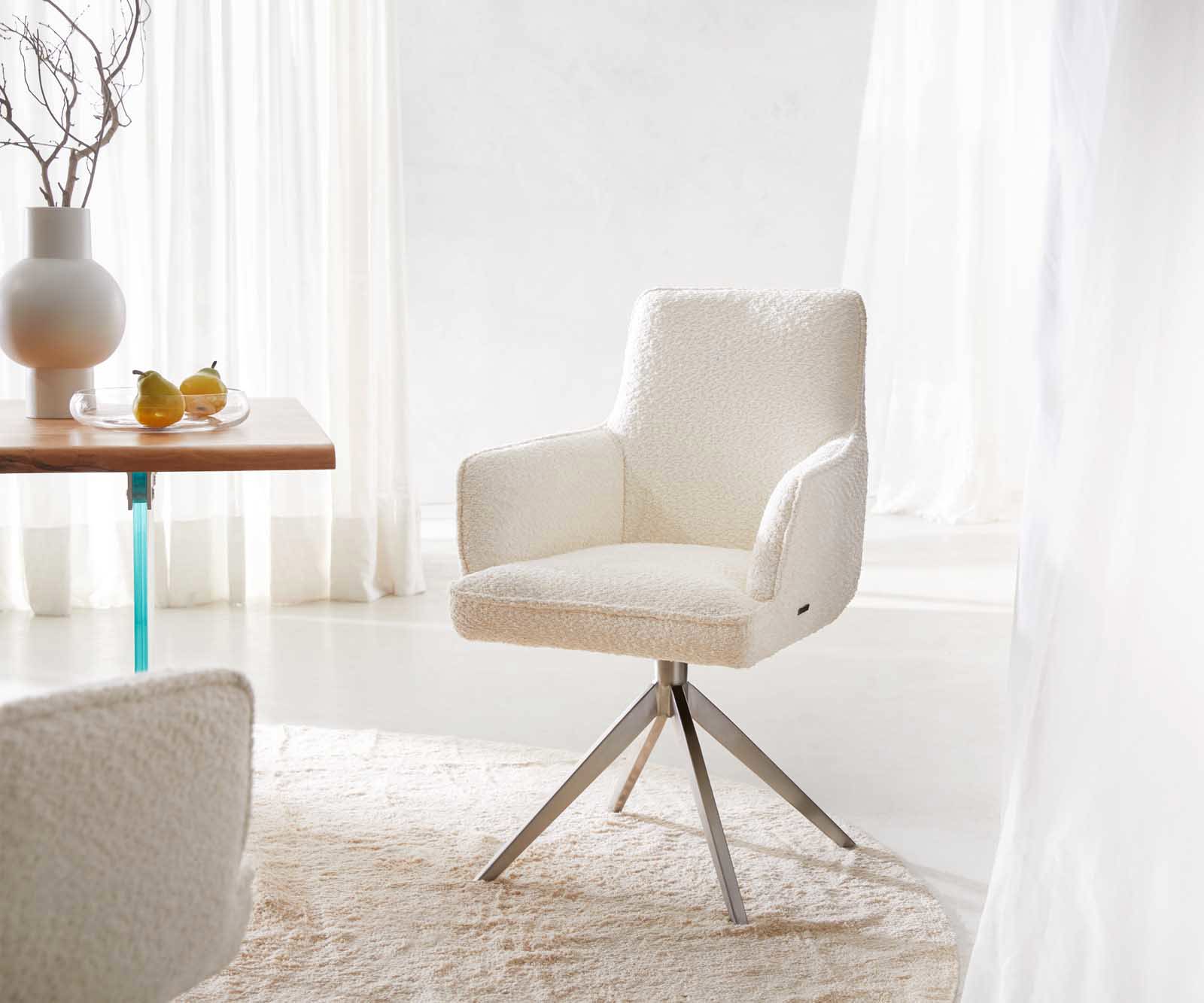 Врътящ се стол с подлакътници Букле Бял Конус крак плосък Неръждаема стомана 360° въртящ се Покет пружина Heira-Flex Врътящ се стол с подлакътници Букле Бял Конус крак плосък Неръждаема стомана 360° въртящ се Покет пружина Heira-Flex