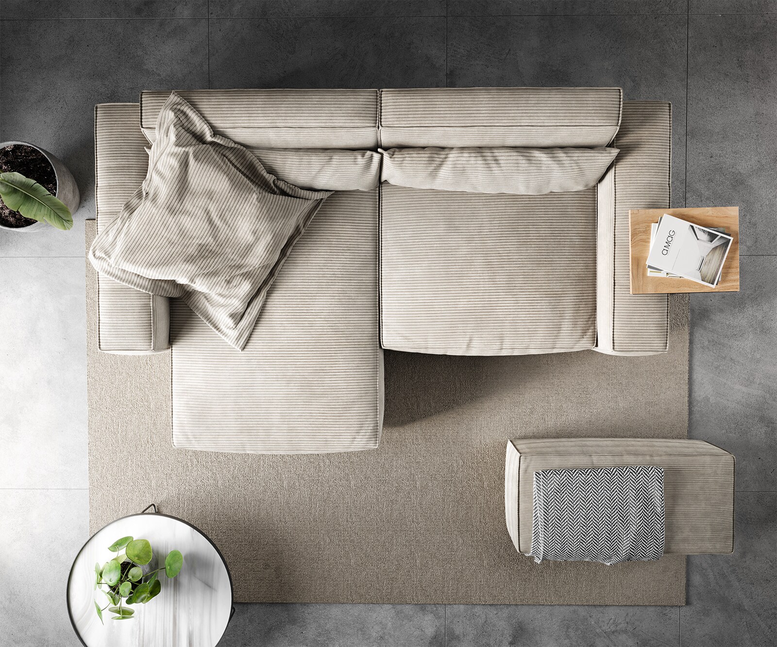 Ъглов диван L 260x160 cm Корд Бежов Варианти лежанка с табуретка Sirpio 6