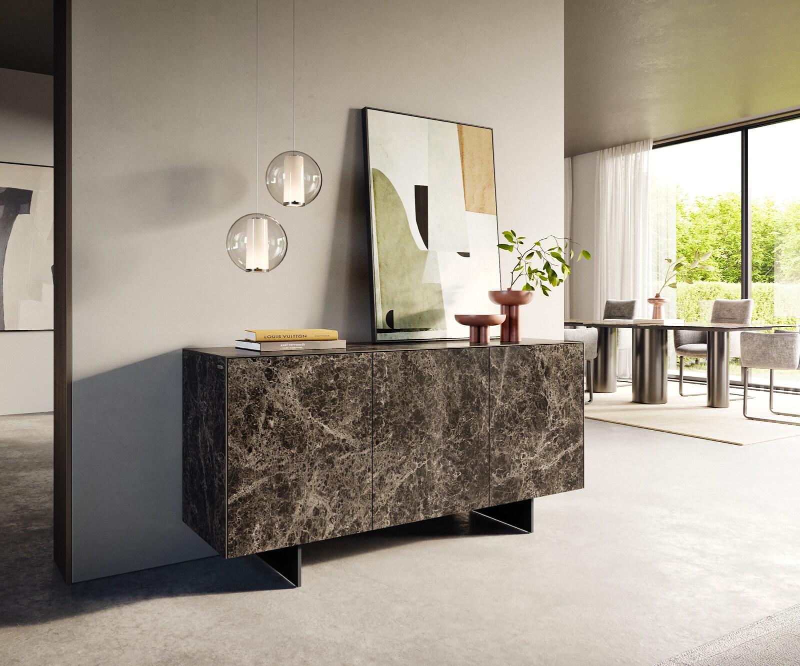 Бюфет Cuor 150 cm Керамичен ламинат® Emperador Extra Lucidato Тъмно кафяво 3 врати Основа Окачен поглед Метал Черно 1