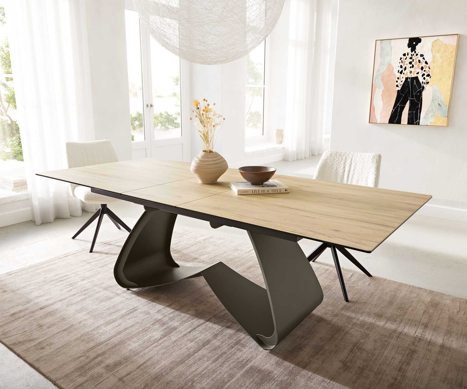 Разтегателна трапезна маса Edge 180-220х100 см Керамика  Laminam® Sabbia Цвят дъб W-образна основа Титаниев цвят 1