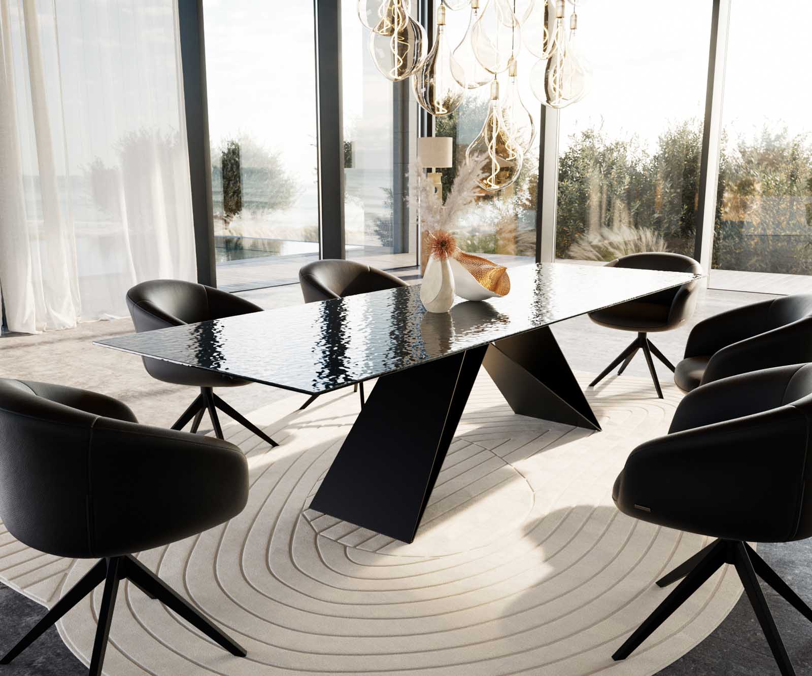 Маса 300x100 РелефноСтъкло ОпушеноЧерен 3D-Design V-Рамка плоска стомана Черен Edge 9